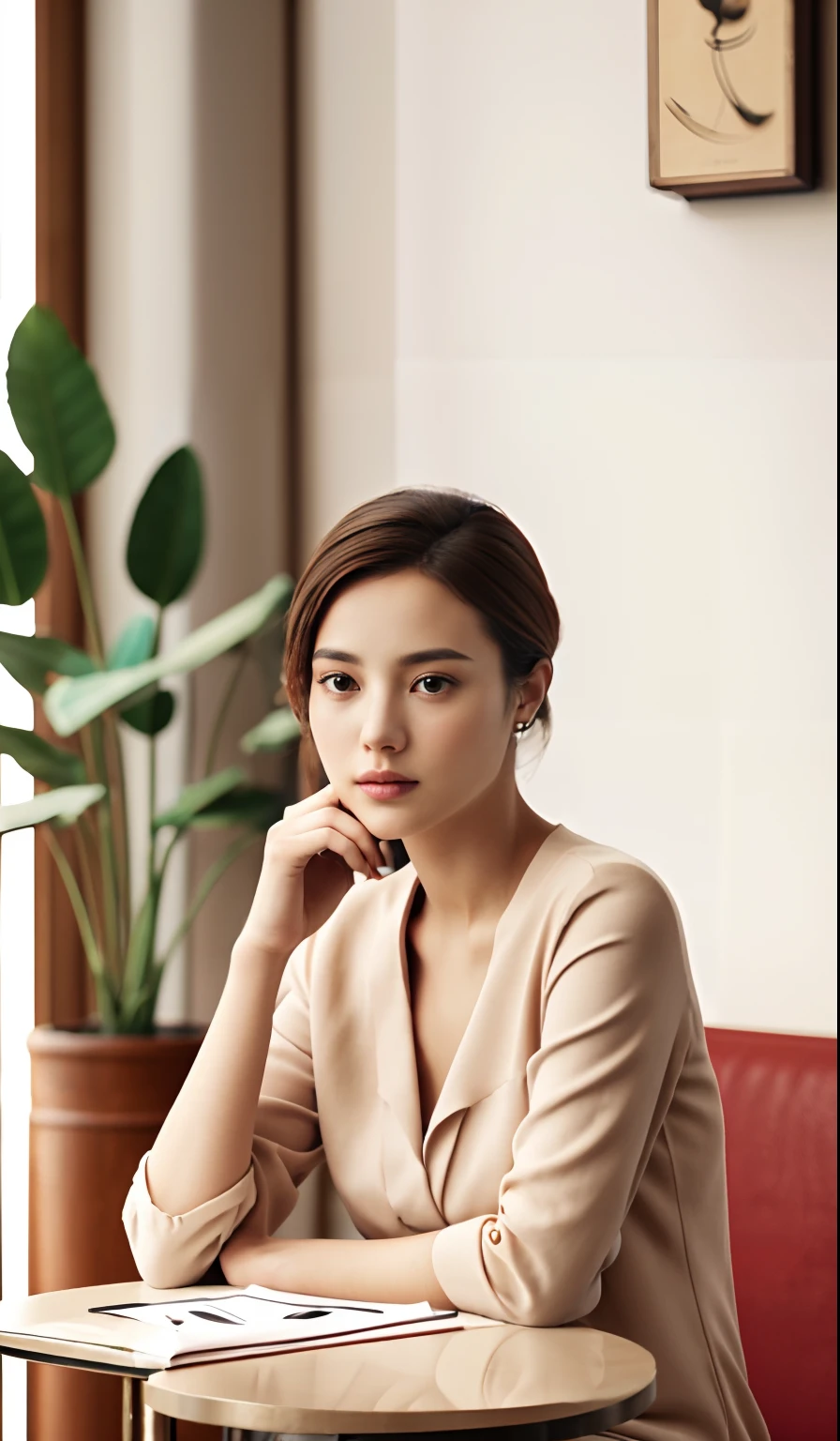 A beautiful model sitting in a café, featuring an elegant and dignified atmosphere, bright color tones, soft atmosphere, warm and cozy ambiance, telephoto lens, soft lighting, positive film, GAN technology, Unity engine, 4K ultra high definition. There is a delicate handbag placed on the table.
