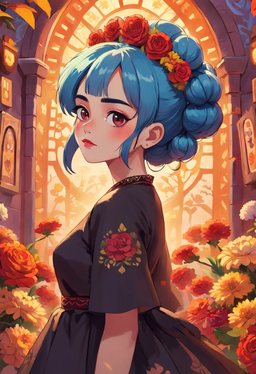 A woman with blue hair and a black dress is posing, Folclore mexicano, Day of the Dead dress and makeup, Ella es mexicanoa, gala, Llevar un atuendo adornado, Hermosa mujer mexicanoa, dia de los muertos!!, cosplay adornado, Vestimenta tradicional, mexicano, inspirado por Frida Kahlo, Arte popular mexicanoo, Victorian Day of the Dead, Belleza tradicional