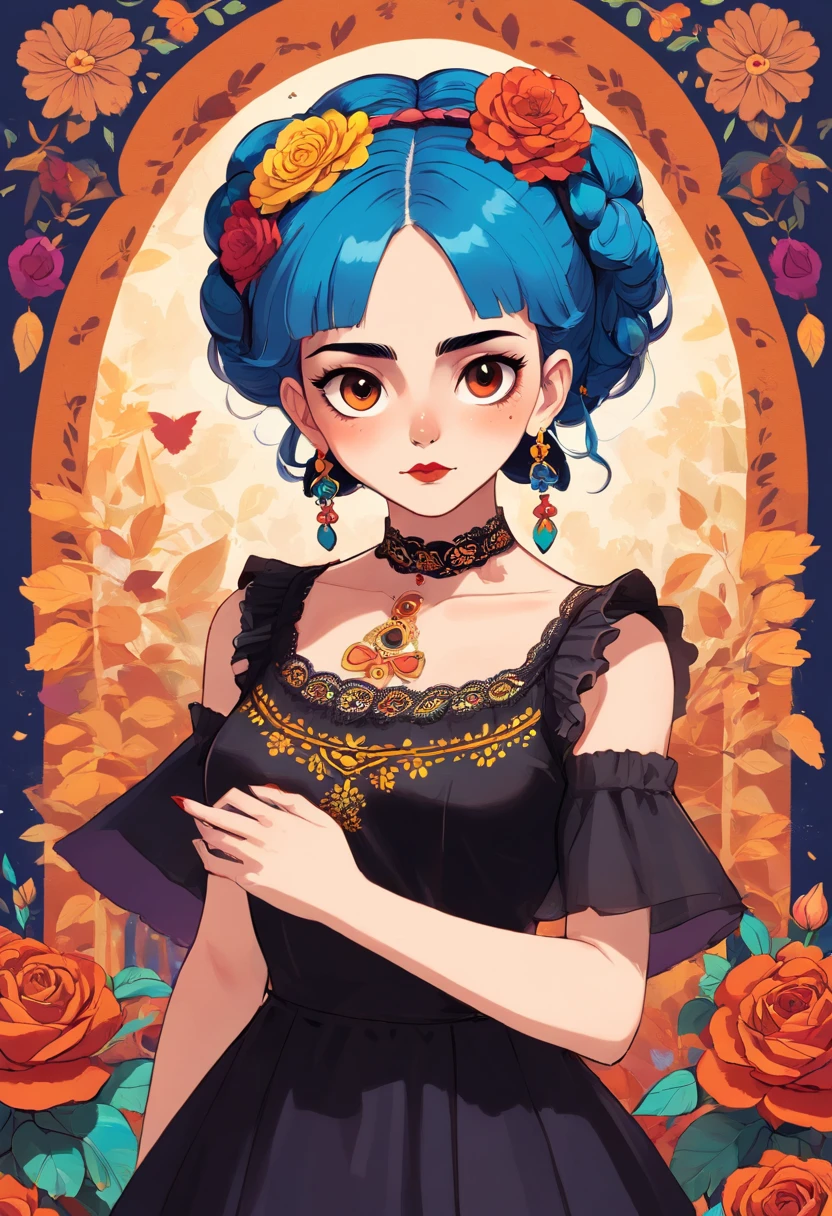A woman with blue hair and a black dress is posing, Folclore mexicano, Day of the Dead dress and makeup, Ella es mexicanoa, gala, Llevar un atuendo adornado, Hermosa mujer mexicanoa, dia de los muertos!!, cosplay adornado, Vestimenta tradicional, mexicano, inspirado por Frida Kahlo, Arte popular mexicanoo, Victorian Day of the Dead, Belleza tradicional