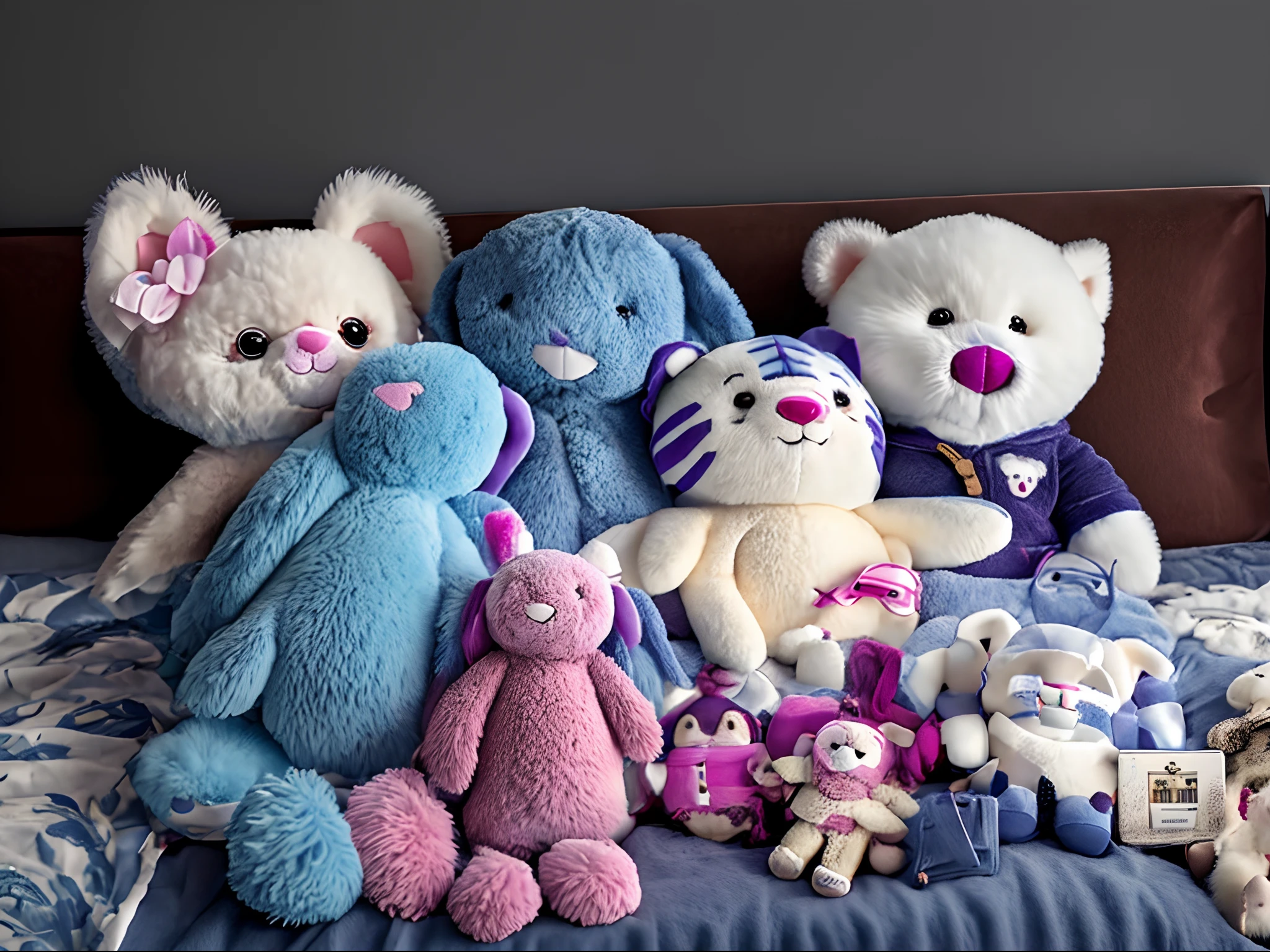 there are many stuffed animals sitting on a bed together, taken with sony alpha 9, plushie photography, plushie, toys, plushy, coronavirus as a stuffed toy, cute and cuddly, various sizes, the woman holds more toys, group photo, high quality picture, stuffed animal, different sizes, stuffed toy, high quality upload, full picture