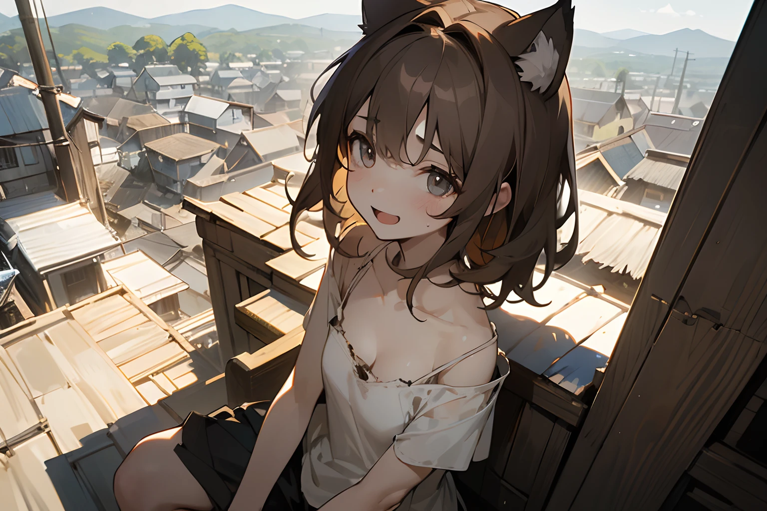 (((masuter piece、top-quality)))、16K,textured skin, cinematic lighting, ((Super detail of big, beautiful eyes))、(Very unkempt disheveled medium hair、A dirty white camisole that is so tattered and torn、exposed breast、Smile with open mouth、Slender small breasts), 1girl、be sweaty、Beautiful breasts、Cat ears, Pale brown hair、Cute Beautiful Girl、Sit on the roof、Slums on a sunny day