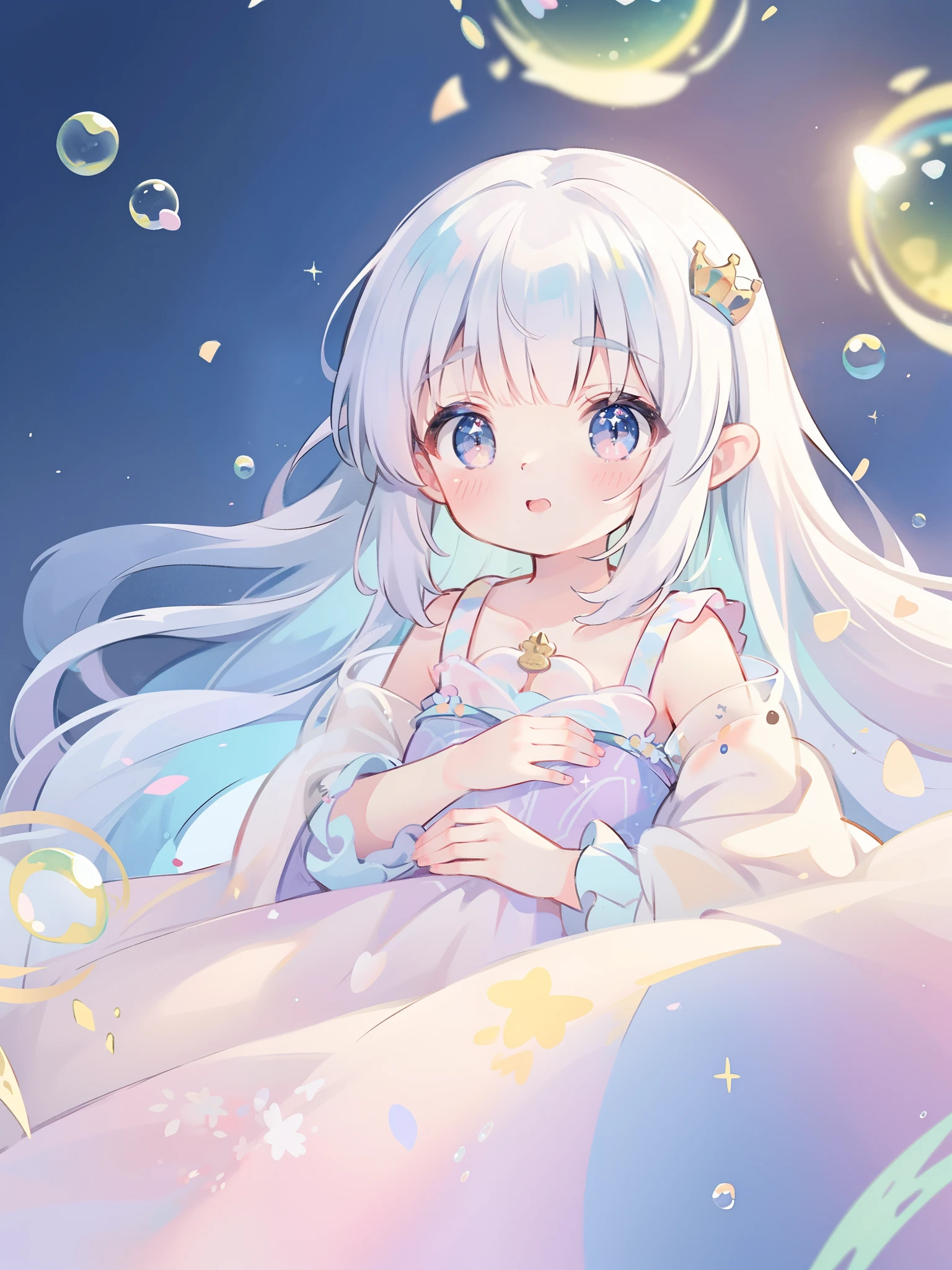 masterpiece, best quality, 8k resolution, sharp focus, intricate detail, beautiful girl, sparkling eyes, golden ratio face, otherworldly liquid, watercolor, ((pastel colors)), bright colors, whimsical, colorful, sharp focus, high resolution, fine detail, princess fantasy ballgown, ((round eyes)), iridescent bubbles, fantasia background