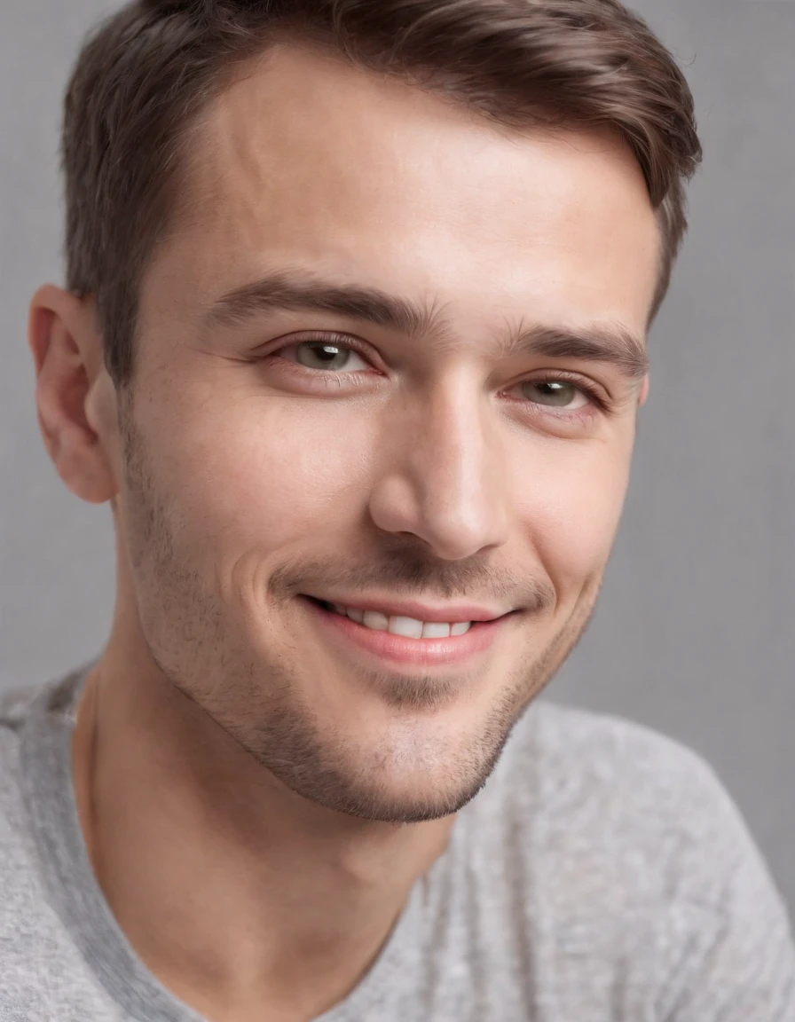 (Photo: 1.3) af (Realism: 1.3), Caucasian man soft light, clear face, happy, cheerful, smiling, warm light, ((gray white background)), ((gray white background)). ((gray wall background)) avatar, (long or short hair), smile, handsome, young,, short hair, smile, ((close-up))