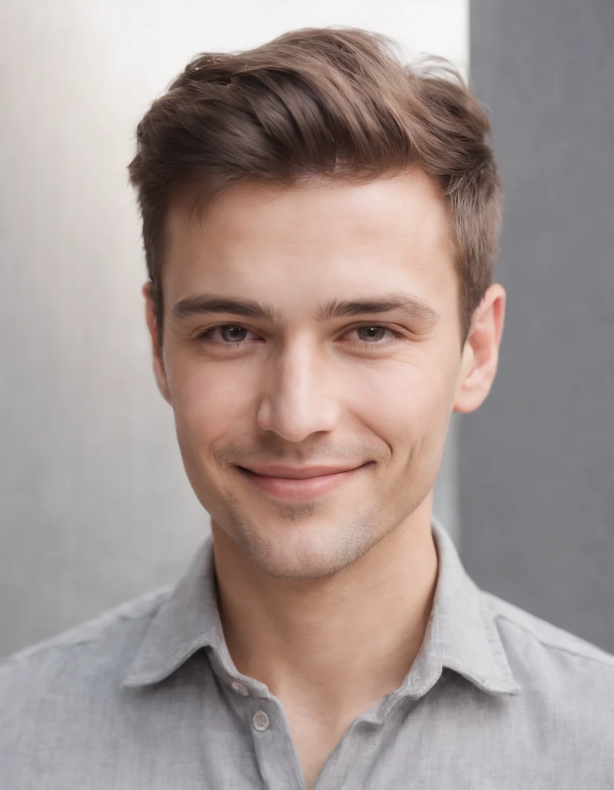 (Photo: 1.3) af (Realism: 1.3), Caucasian man soft light, clear face, happy, cheerful, smiling, warm light, ((gray white background)), ((gray white background)). ((gray wall background)) avatar, (long or short hair), smile, handsome, young,, short hair, smile, ((close-up))