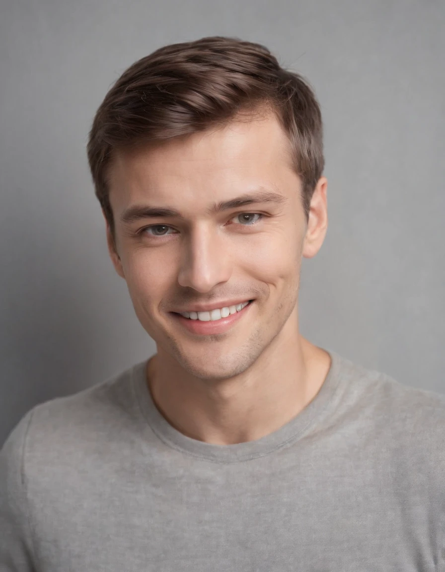 (Photo: 1.3) af (Realism: 1.3), Caucasian man soft light, clear face, happy, cheerful, smiling, warm light, ((gray white background)), ((gray white background)). ((gray wall background)) avatar, (long or short hair), smile, handsome, young,, short hair, smile, ((close-up))