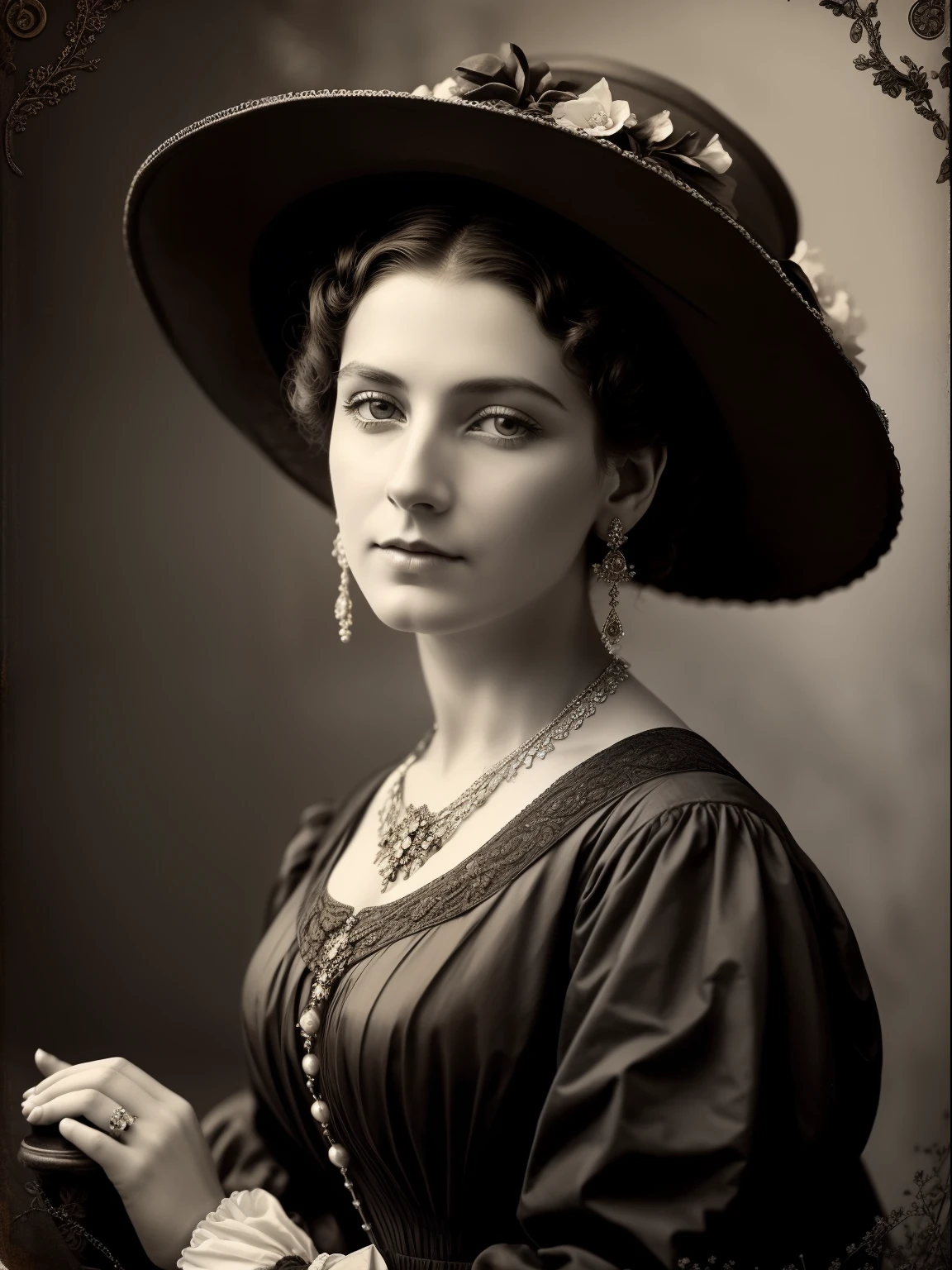 (Masterpiece) An insanely beautiful Victorian lady wearing a rich flowering over the top exaggerated hat, rich jewelry, big earrings, vintage sepia photography, outdoor photography, extremely inviting look, front look, looking at the camera, very old and torned photo