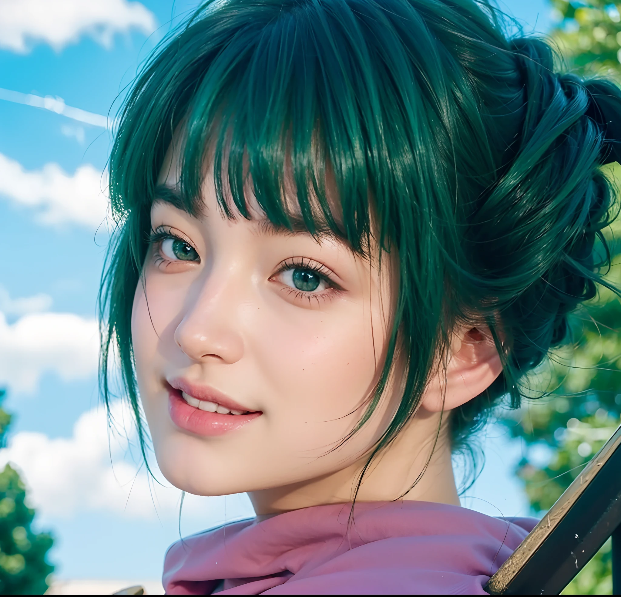 real life adaption of this character, beautiful face, laughing expression,realistic outfit,detailed pink eyes,realistic green hair,realistic background,hyper realistic,realism,realistic light, realistic shadow,(photorealistic:1.2)
