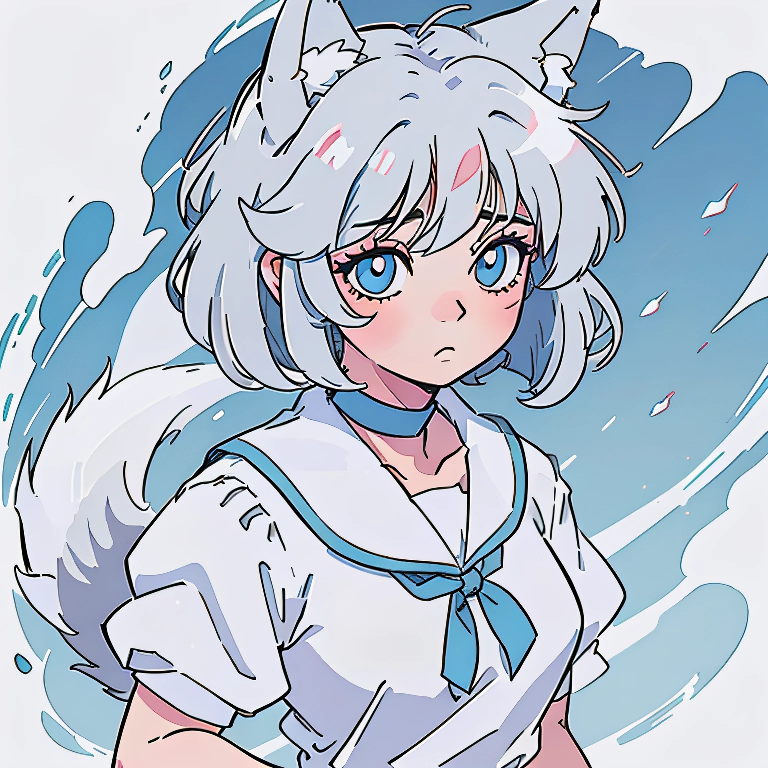 wolf girl, ((wolf tail, wolf ears)), hair tap ears human, (hair clip), ((((short hair)))), long eyeslashes, eyeliner, small breasts, choker, collar, blond haired girl with blue eyes and a silver white hair wig, in manga style, full body, old dress, colored sketch anime manga panel, loli, with a melancholic expression, a manga drawing, sad expression, pretty anime face, semirealistic anime style, cute anime face, colored manga panel, manga art style, in an anime style, close up of a young anime girl, manga drawing.