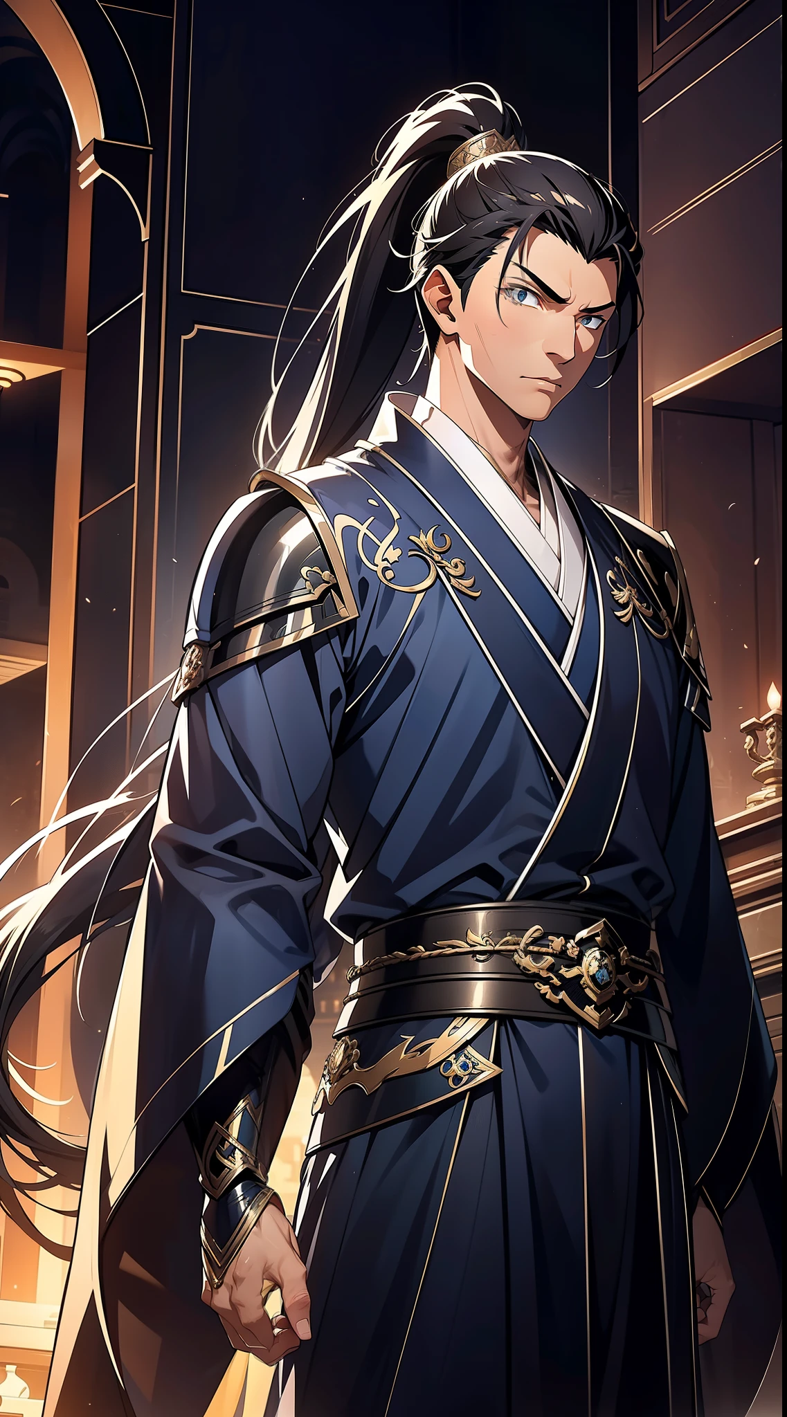 quadratic element，style of anime，mtu（Male Warrior），The proportions are correct，Face details，swordsmen，High ponytail hairstyle，Neck details，There is an Adam's apple，Blue suit，kaftan，long blue robes，clothes details，Handing over，longer sleeves，Game quality，Swordsmanship，Light and shadow tracking，Ray traching，detailed glow，cg render，hair detail，Black long hair，blue colored eyes，Handsome，Handsome，（juvenile sense），Clothing is complicated，Perfectcomposition，Refinement，high qulity，higher details，Lots of details，The background is complex，a sense of atmosphere，