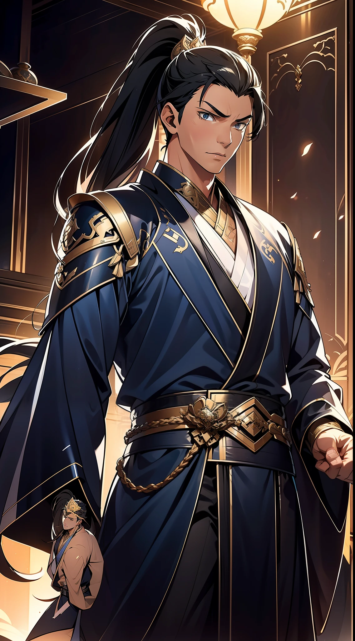 quadratic element,style of anime,mtu(Male Warrior),The proportions are correct,Face details,swordsmen,High ponytail hairstyle,Neck details,There is an Adam's apple,Blue suit,kaftan,long blue robes,clothes details,Handing over,longer sleeves,Game quality,Swordsmanship,Light and shadow tracking,Ray traching,detailed glow,cg render,hair detail,Black long hair,blue colored eyes,Handsome,Handsome,(juvenile sense),Clothing is complicated,Perfectcomposition,Refinement,high qulity,higher details,Lots of details,The background is complex,a sense of atmosphere,