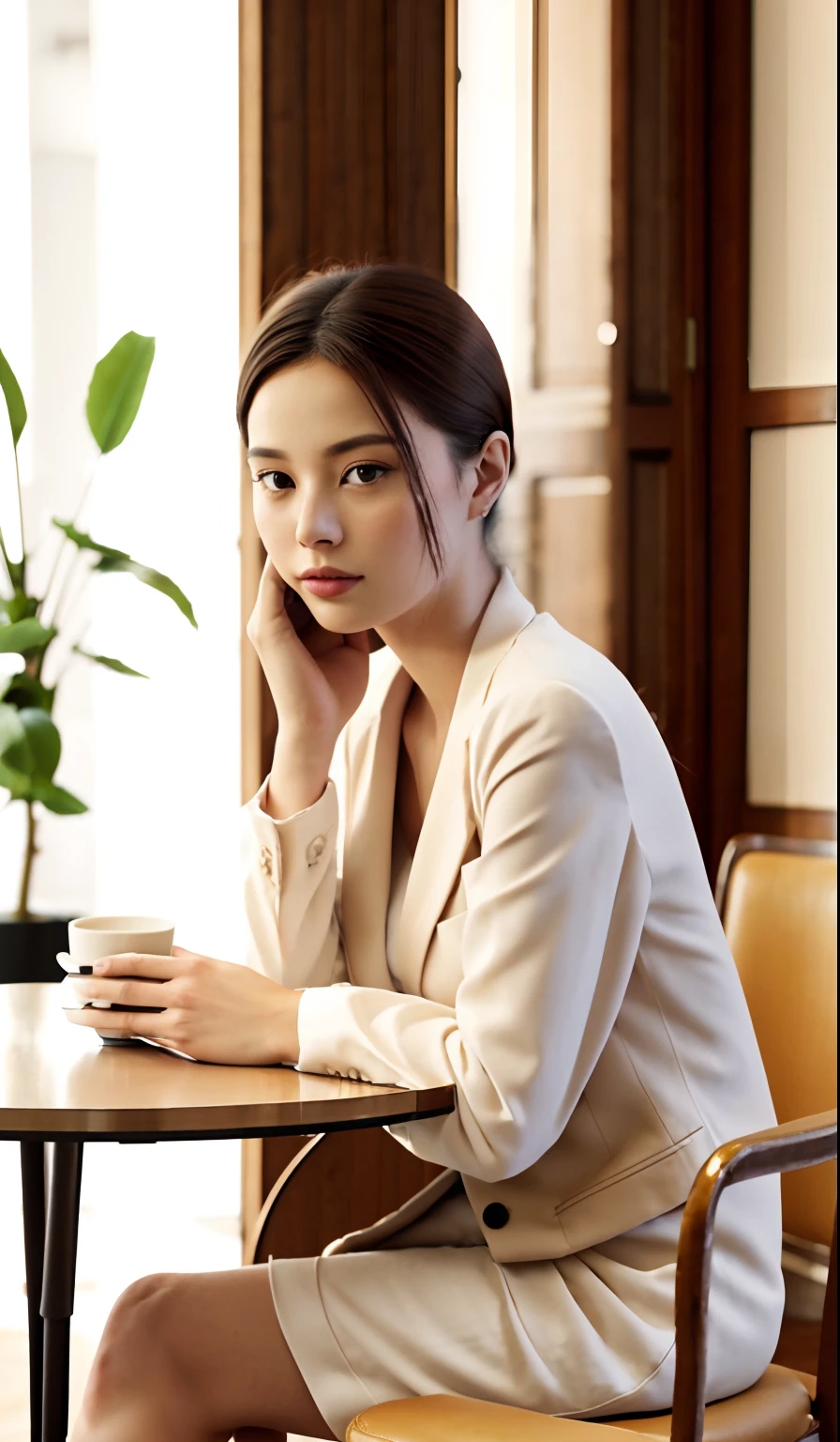 A beautiful model sitting in a café, featuring an elegant and dignified atmosphere, bright color tones, soft atmosphere, warm and cozy ambiance, telephoto lens, soft lighting, positive film, GAN technology, Unity engine, 4K ultra high definition. There is a delicate handbag placed on the table.