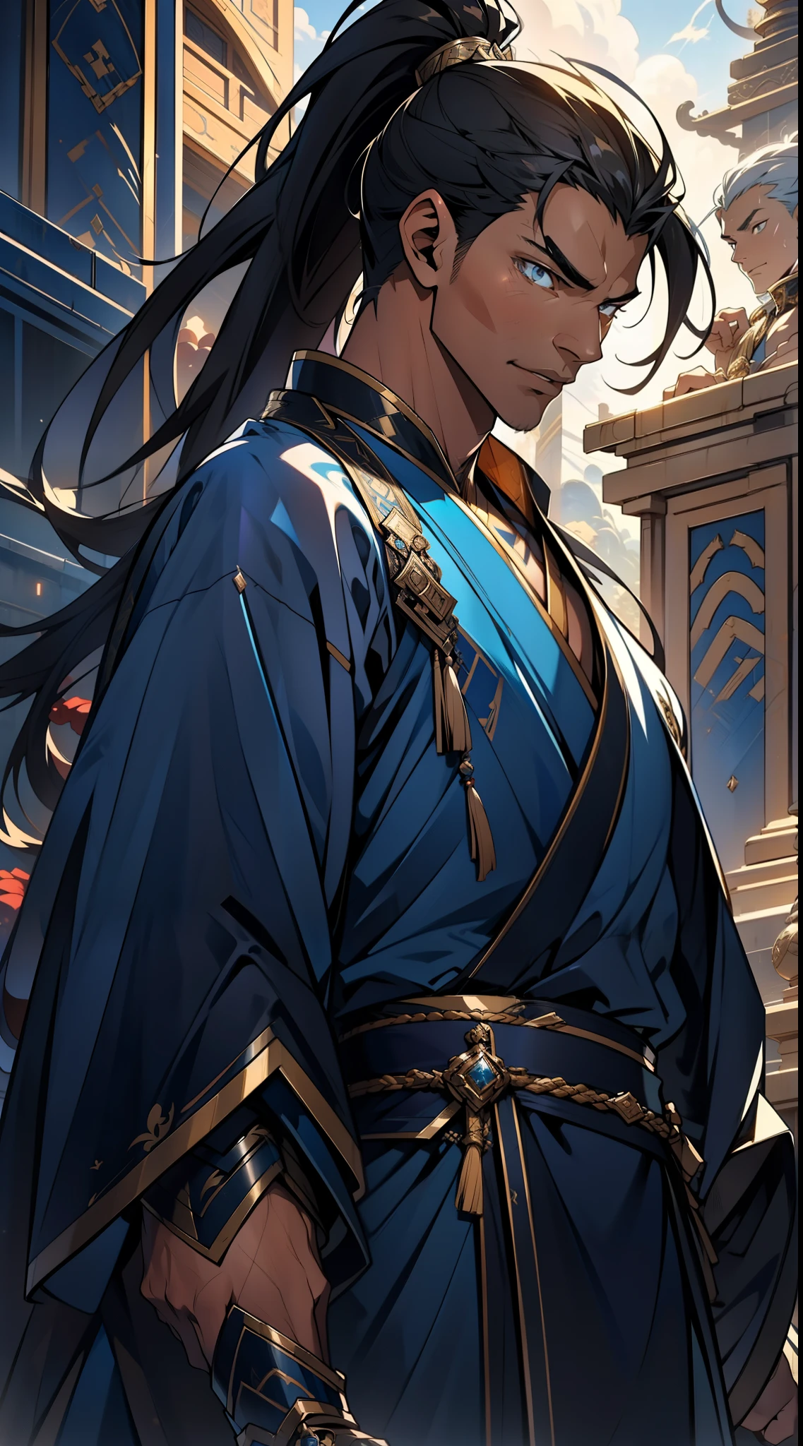 quadratic element,style of anime,mtu(Male Warrior),The proportions are correct,Face details,swordsmen,High ponytail hairstyle,Neck details,There is an Adam's apple,Blue suit,kaftan,long blue robes,clothes details,Handing over,longer sleeves,Game quality,Swordsmanship,Light and shadow tracking,Ray traching,detailed glow,cg render,hair detail,Black long hair,blue colored eyes,Handsome,Handsome,(juvenile sense),Clothing is complicated,Perfectcomposition,Refinement,high qulity,higher details,Lots of details,The background is complex,a sense of atmosphere,