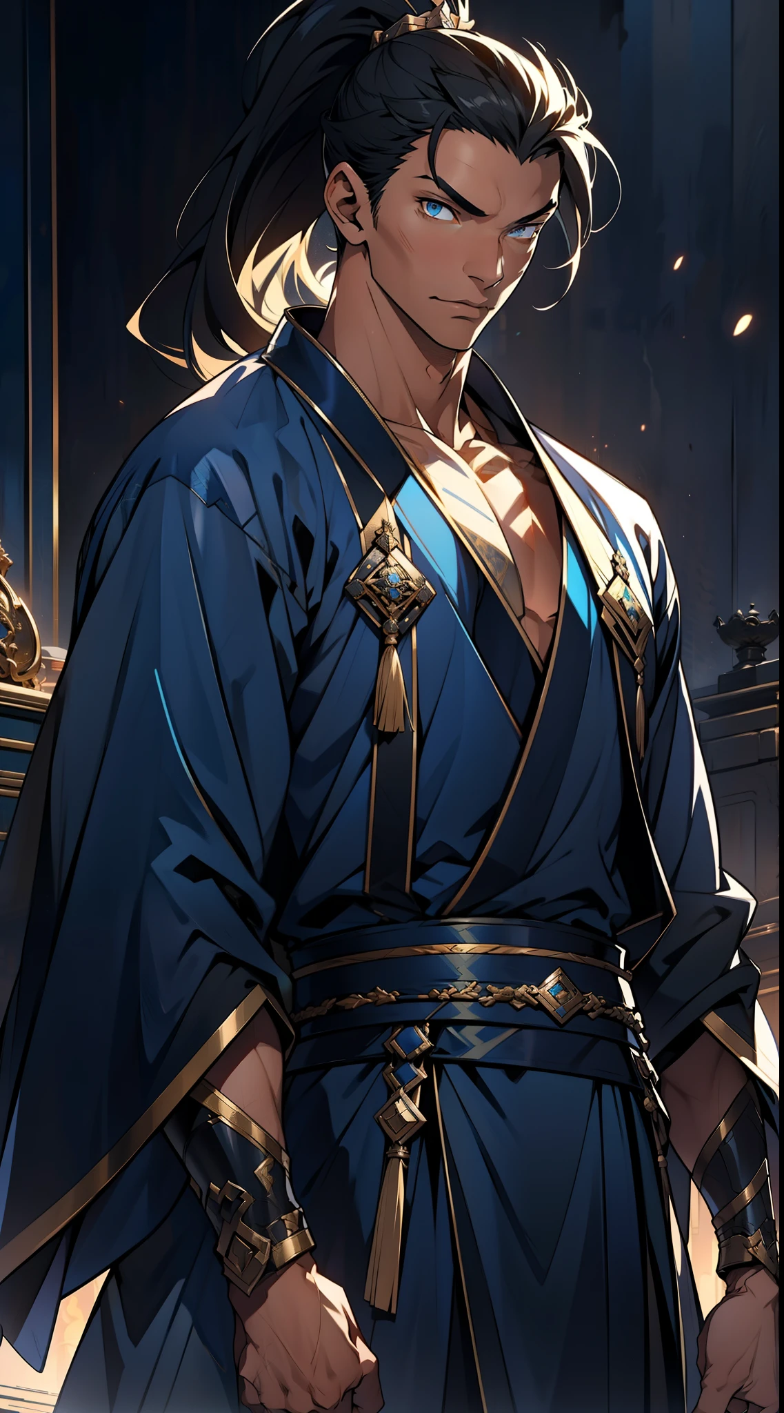 quadratic element,style of anime,mtu(Male Warrior),The proportions are correct,Face details,swordsmen,High ponytail hairstyle,Neck details,There is an Adam's apple,Blue suit,kaftan,long blue robes,clothes details,Handing over,longer sleeves,Game quality,Swordsmanship,Light and shadow tracking,Ray traching,detailed glow,cg render,hair detail,Black long hair,blue colored eyes,Handsome,Handsome,(juvenile sense),Clothing is complicated,Perfectcomposition,Refinement,high qulity,higher details,Lots of details,The background is complex,a sense of atmosphere,