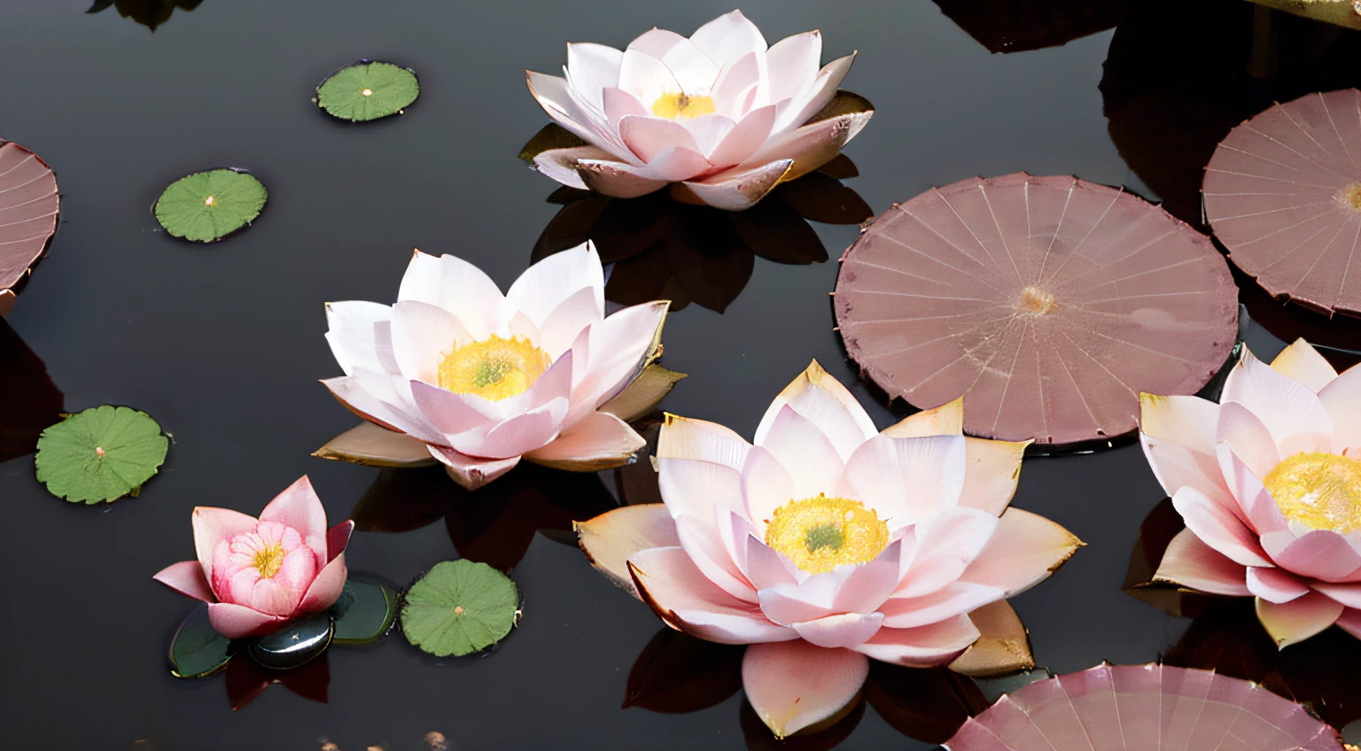 Lotus leaf ，a lot of pink lotus，Realiy，Reflection in the water，