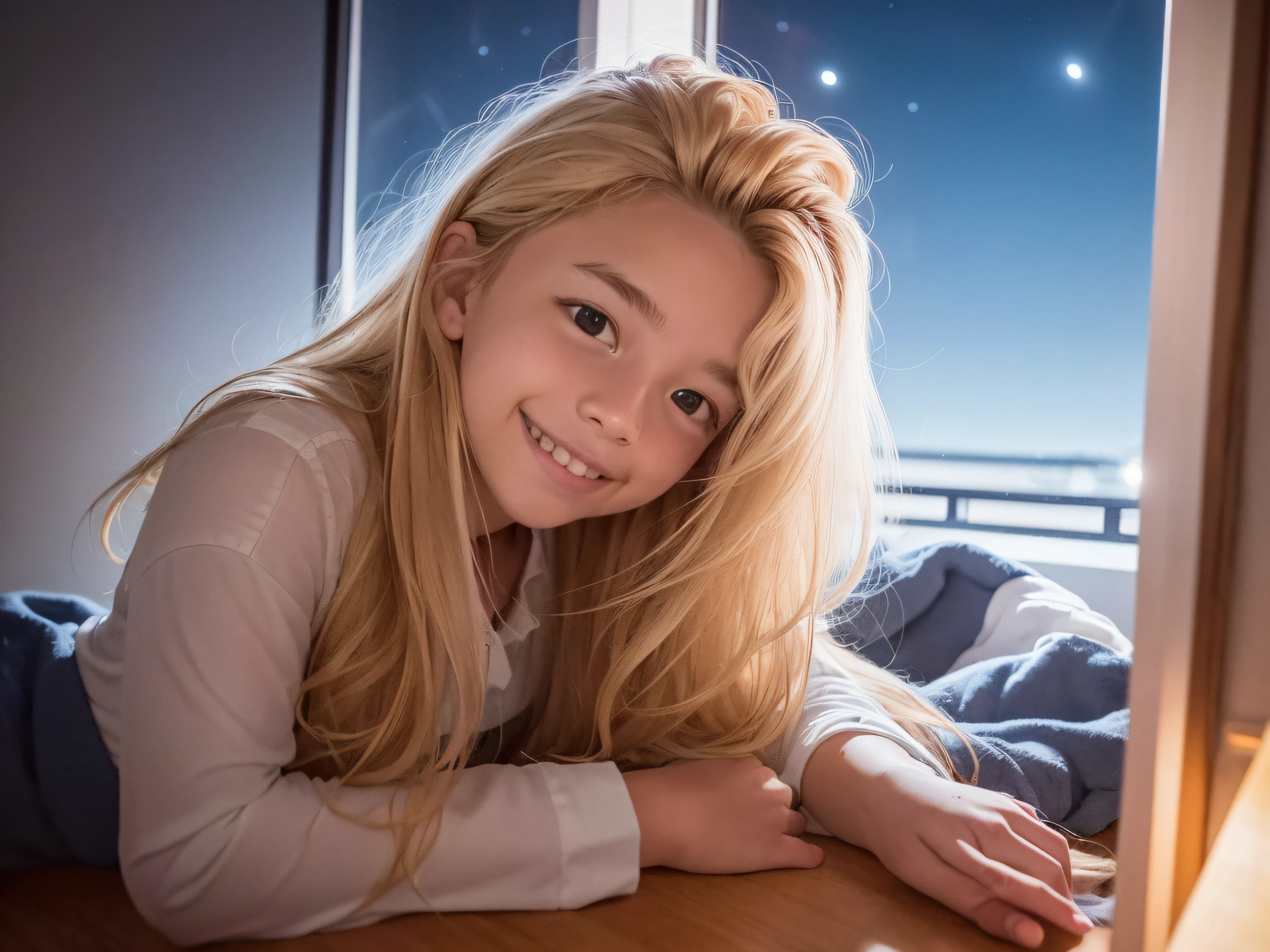 Pintura realista de uma linda jovem, 19 anos, messy blond hair, vestindo roupas de dormir, quarto de dormir, Open windows showing the starry sky, ambiente noturno, luz de fundo, leve sorriso, Professional lighting quality, state-of-the-art camera lens, cinemactic, 8k