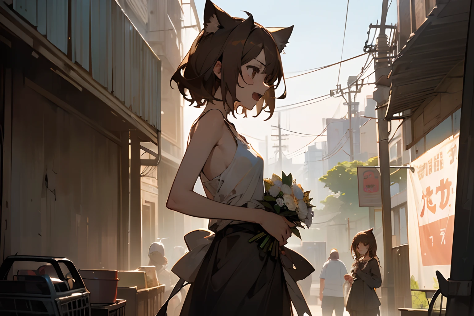 (((masuter piece、top-quality)))、16K,textured skin, cinematic lighting, ((Super detail of beautiful brown eyes、holding the bouquet with both hands))、(Very unkempt disheveled medium hair、A very battered and torn camisole、Dirty white camisole、Exposed nipples、Have a good laugh、Open your mouth wide、Slender small breasts), 1girl、be sweaty、Beautiful small breasts、Cat ears, Pale brown hair、Cute Beautiful Girl、Slum street corner
