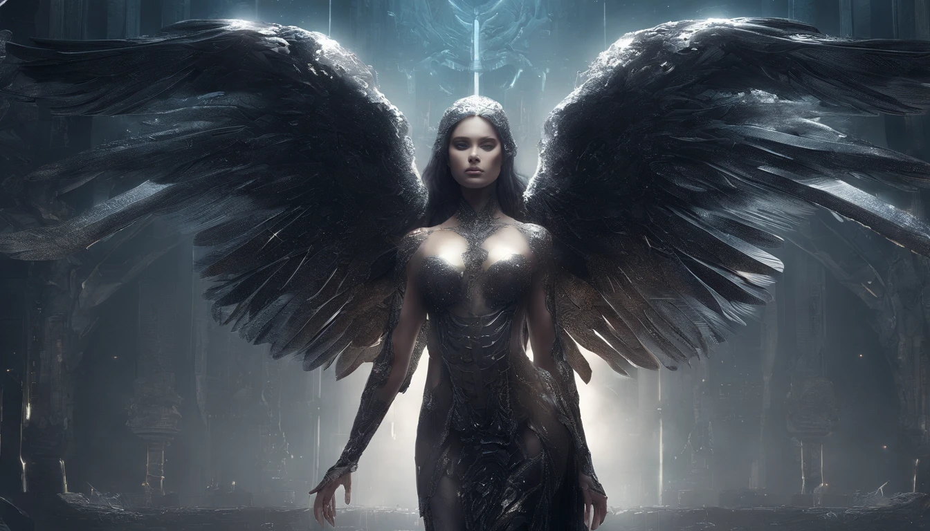 Cosmic Fallen Angel, glowing light eyes, Delicate and beautiful face,Bigchest,Biomechanical, eerie, Dream-like, Very bright colors, Light particles, with light glowing, Mshiv, wallpaper art, UHD wallpaper