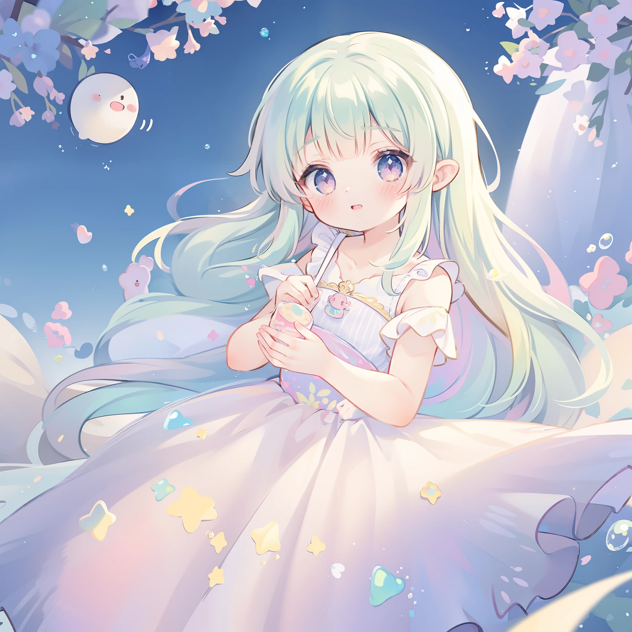 Anime girl with long white hair and blue eyes in a white dress - SeaArt AI