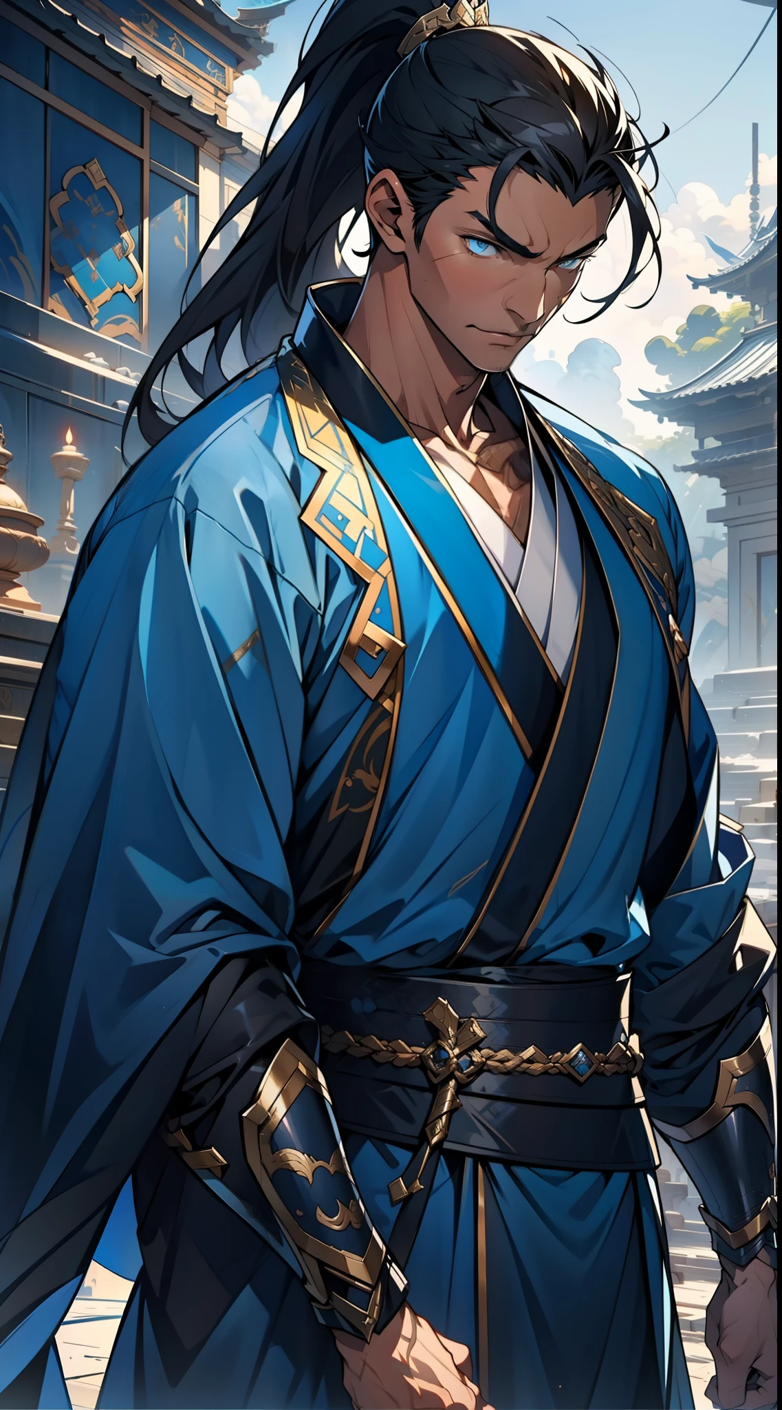 quadratic element,style of anime,mtu(Male Warrior),solo person,musculature,The proportions are correct,Face details,swordsmen,High ponytail hairstyle,perspired,Sweat on the face,drools,Neck details,There is an Adam's apple,Get wet,Drenched,Hanfu costume,kaftan,Embroidered robes,Robes,clothes details,Handing over,longer sleeves,Game quality,Swordsmanship,Light and shadow tracking,Ray traching,detailed glow,cg render,hair detail,cabelos preto e longos,Golden eyes,Sweat on the face,Handsome,Handsome,Beads of sweat slipped down my neck,(juvenile sense),Clothing is complicated,Drenched,Get wet,Perfectcomposition,Refinement,high qulity,higher details,Lots of details,The background is complex,a sense of atmosphere,