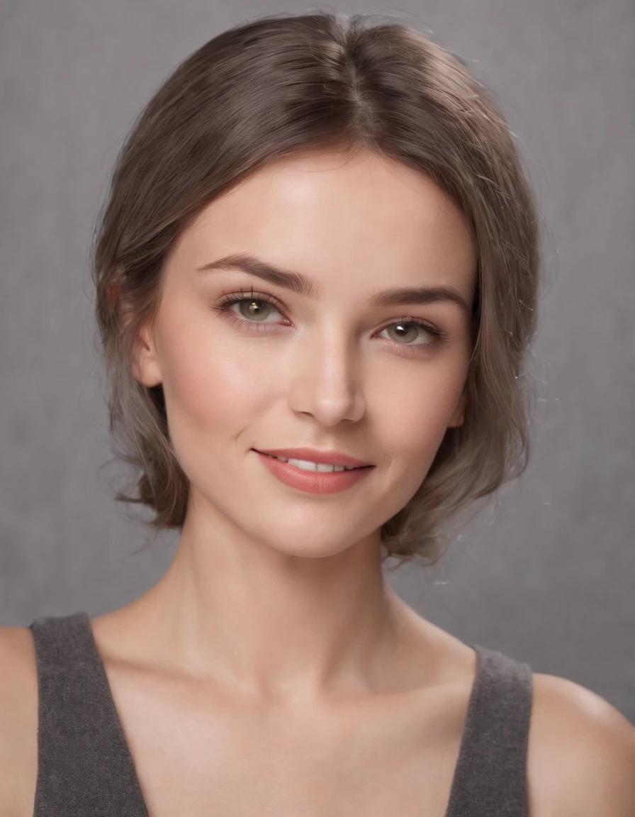 (photo: 1.3) af (realistic: 1.3), Caucasian woman, soft light, clear face, happy, cheerful, smiling, warm light, ((grey background)), ((grey background)). ((gray wall background)) avatar, (long or short hair), smile, handsome, young,, short hair, smile, ((close-up))