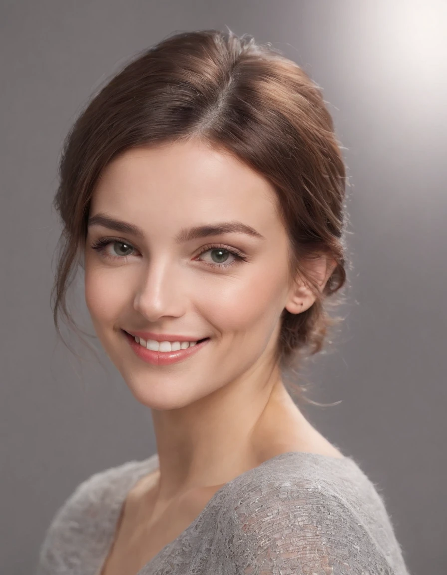 (photo: 1.3) af (realistic: 1.3), Caucasian woman, soft light, clear face, happy, cheerful, smiling, warm light, ((grey background)), ((grey background)). ((gray wall background)) avatar, (long or short hair), smile, handsome, young,, short hair, smile, ((close-up))