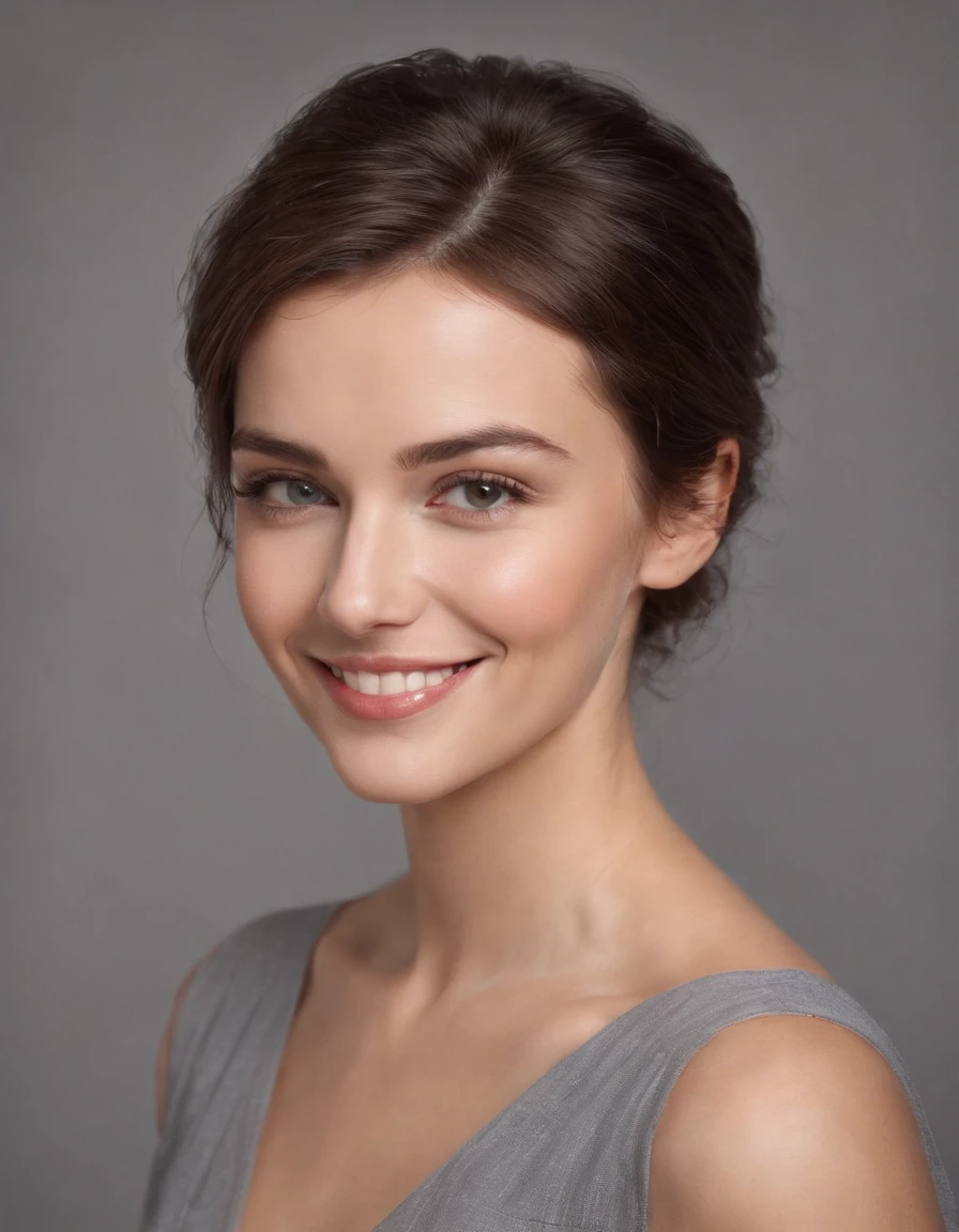 (photo: 1.3) af (realistic: 1.3), Caucasian woman, soft light, clear face, happy, cheerful, smiling, warm light, ((grey background)), ((grey background)). ((gray wall background)) avatar, (long or short hair), smile, handsome, young,, short hair, smile, ((close-up))