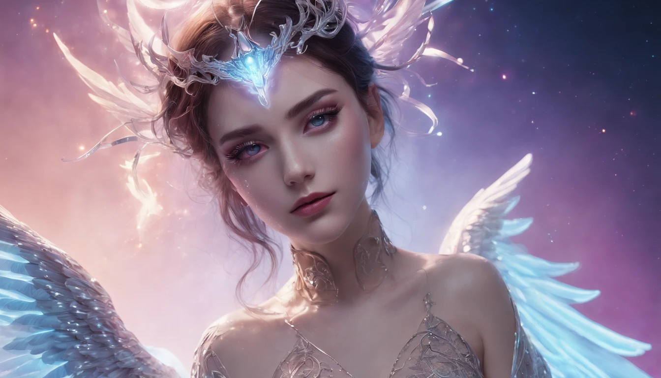 Cosmic Fallen Angel, glowing light eyes, Delicate and beautiful face，Bigchest，Biomechanical, eerie, Dream-like, Very bright colors, Light particles, with light glowing, Mshiv, wallpaper art, UHD wallpaper