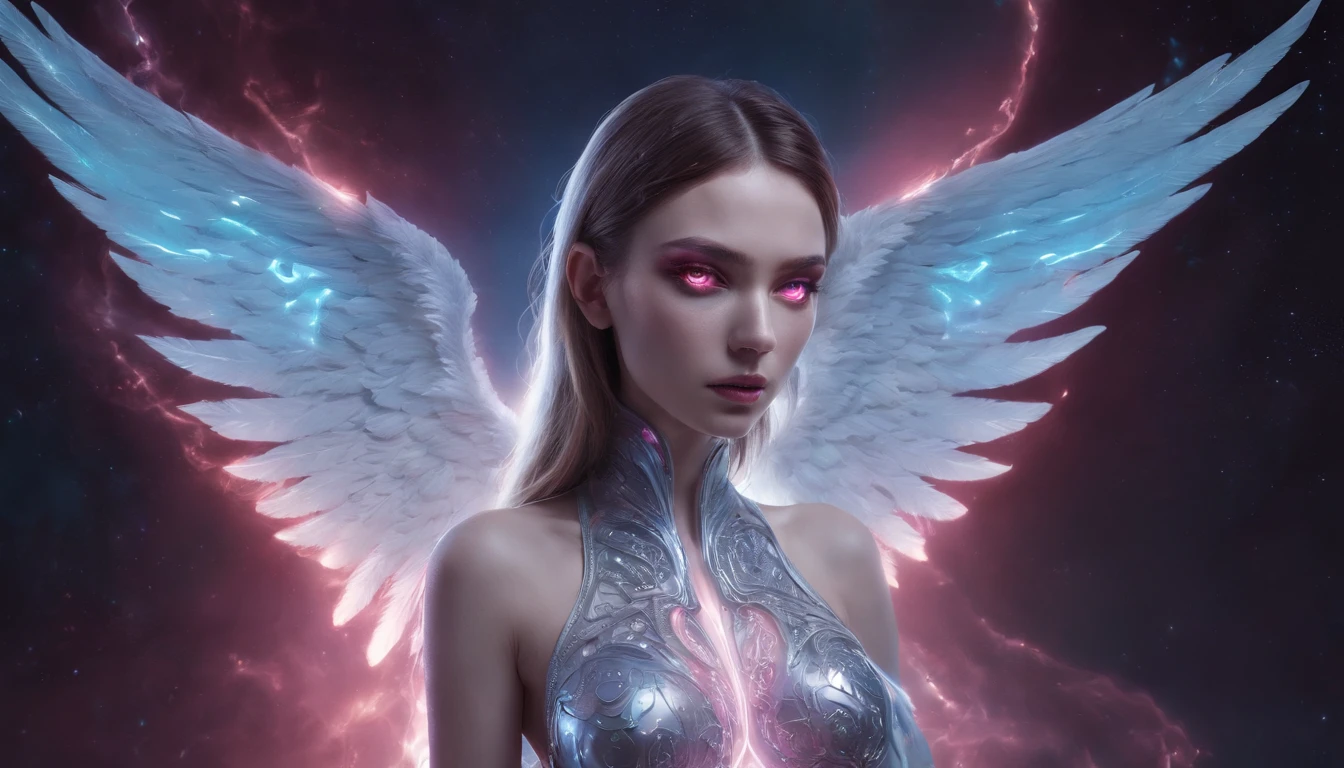 Cosmic Fallen Angel, glowing light eyes, Delicate and beautiful face，Bigchest，Biomechanical, eerie, Dream-like, Very bright colors, Light particles, with light glowing, Mshiv, wallpaper art, UHD wallpaper