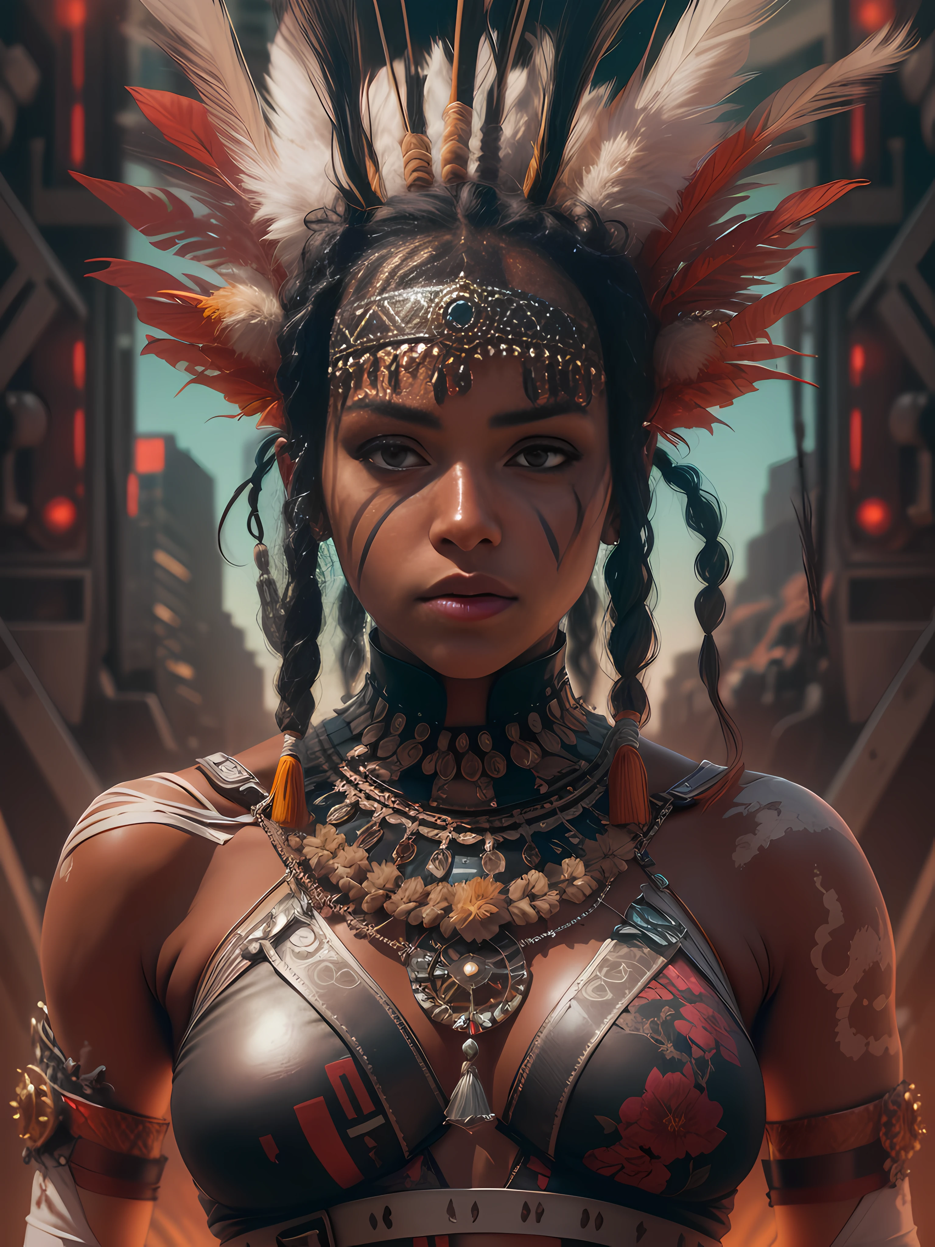 close up portrait in the front view of a dessert black girl tribal warrior, composition of rules of 3rds with portrait displayed in a pleasant way, place the girl eyes on one of the horizontal lines, and position them slightly off-center, use a single light source to create deep shadows and strong highlights, cinematic, photo realistic, futuristic, cyber-punk, traditional dessert tribe dressing, intricate, detailed, 8k