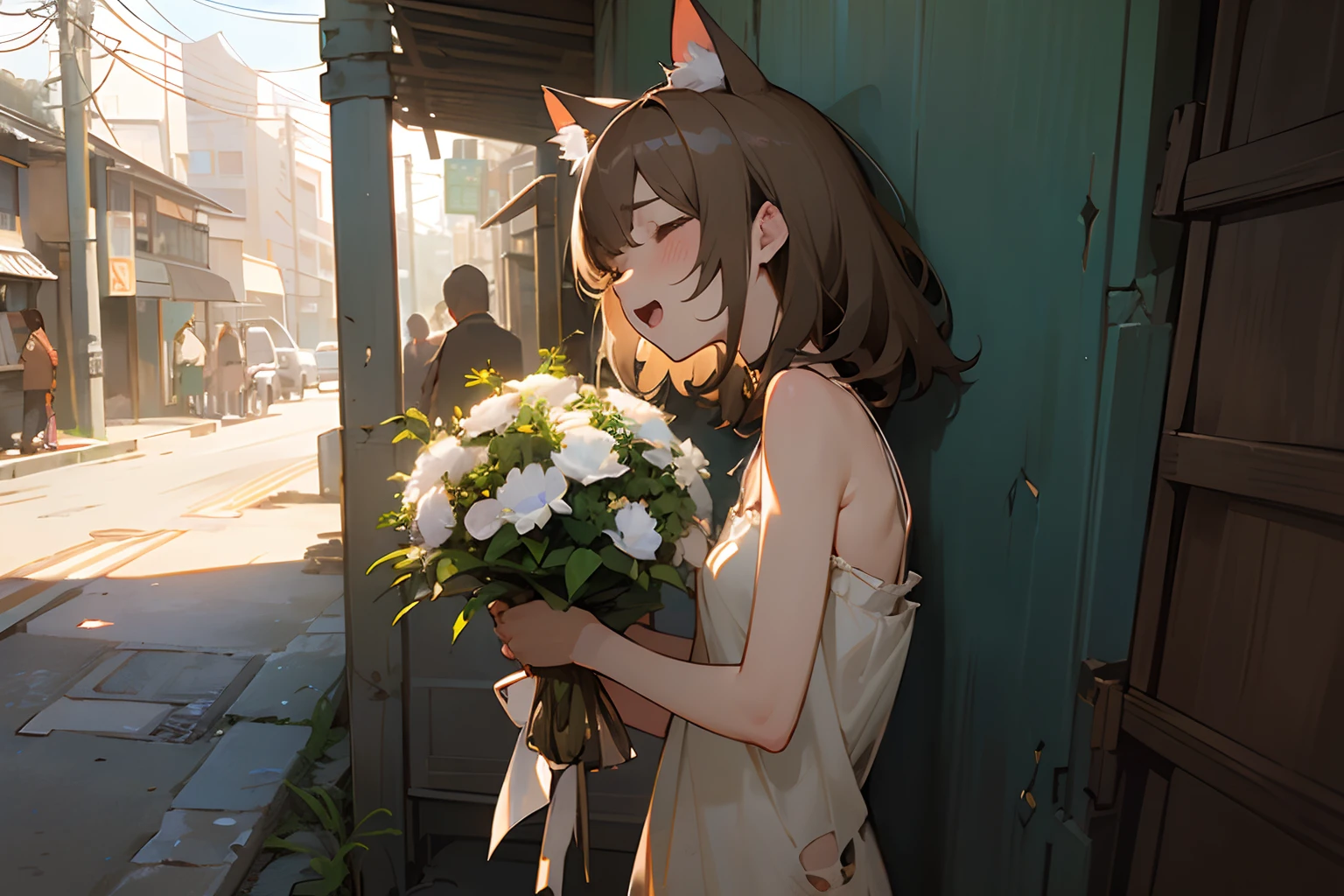 (((masuter piece、top-quality)))、from side, 16K,textured skin, cinematic lighting, Positioned on the right side of the screen、((Super detail of beautiful brown eyes、holding the bouquet with both hands))、(Very unkempt disheveled medium hair、A very battered and torn camisole、Dirty white camisole、Small breasts with large exposure、Close your eyes and laugh out loud、Open your mouth wide、Slender small breasts), 1girl、be sweaty、Beautiful small breasts、Cat ears, Pale brown hair、Cute Beautiful Girl、Slum street corner
