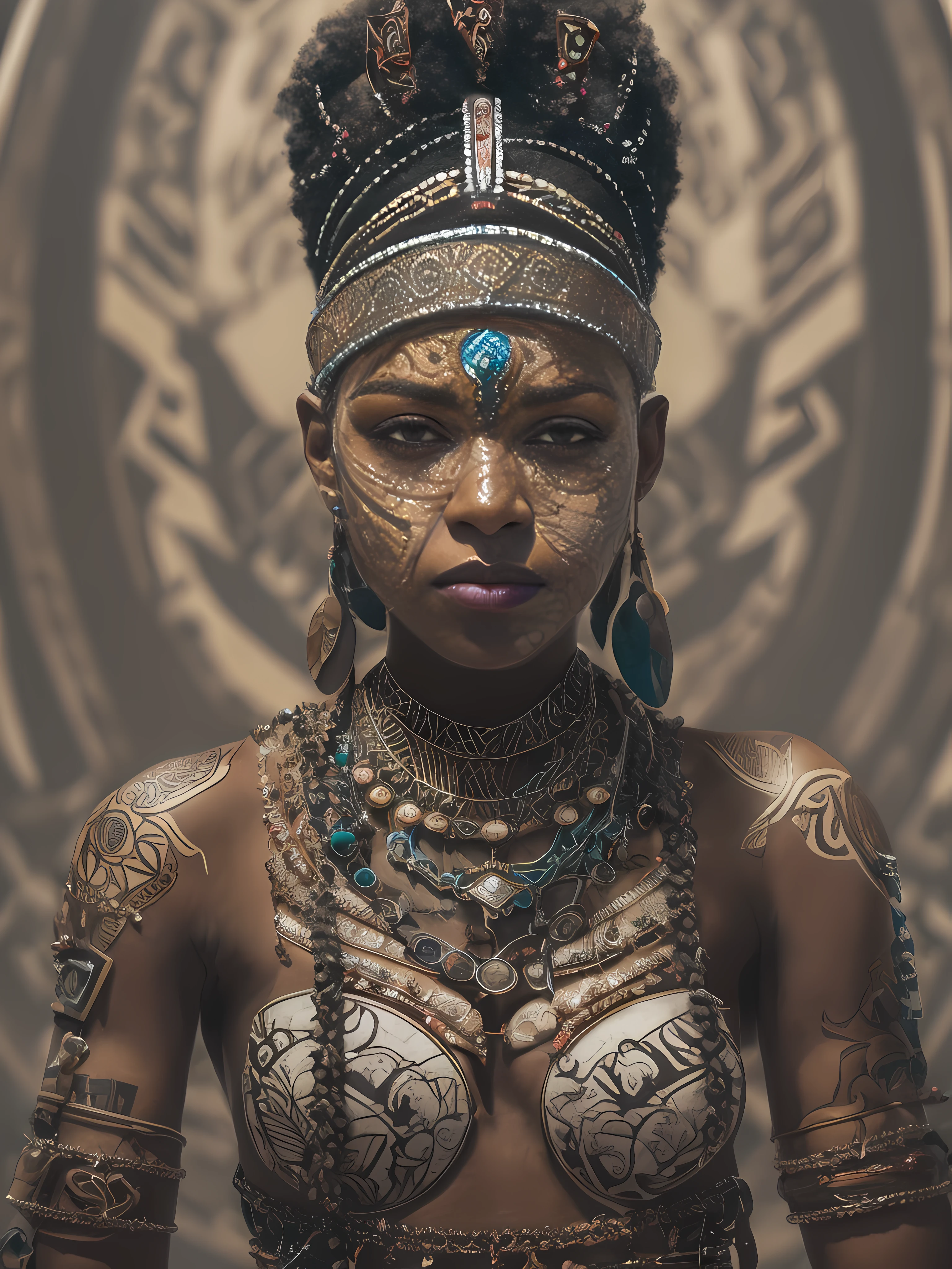 close up portrait in the front view of a dessert black girl tribal warrior, composition of rules of 3rds with portrait displayed in a pleasant way, place the girl eyes on one of the horizontal lines, and position them slightly off-center, use a single light source to create deep shadows and strong highlights, cinematic, photo realistic, futuristic, cyber-punk, traditional dessert tribe dressing, intricate, detailed, 8k