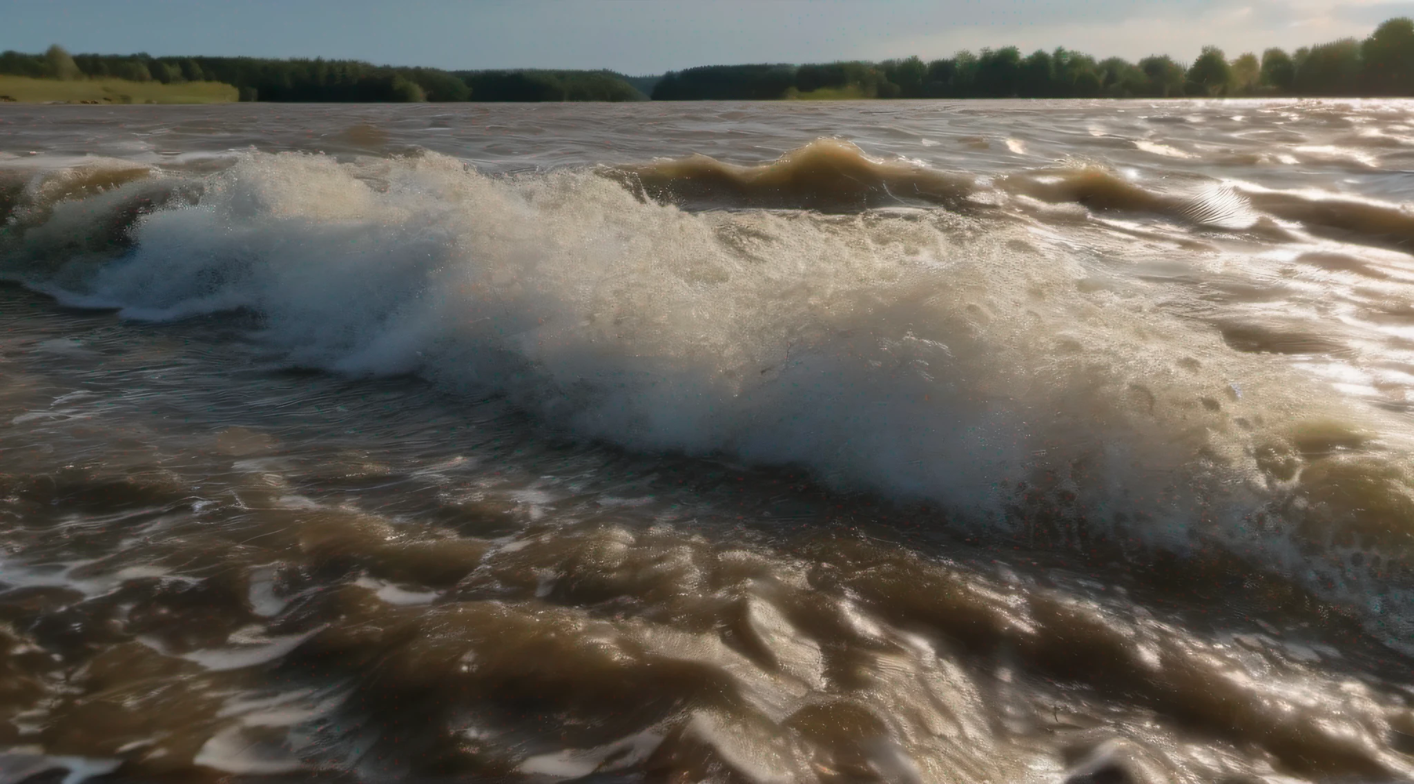 The rising waves of the river are visible.