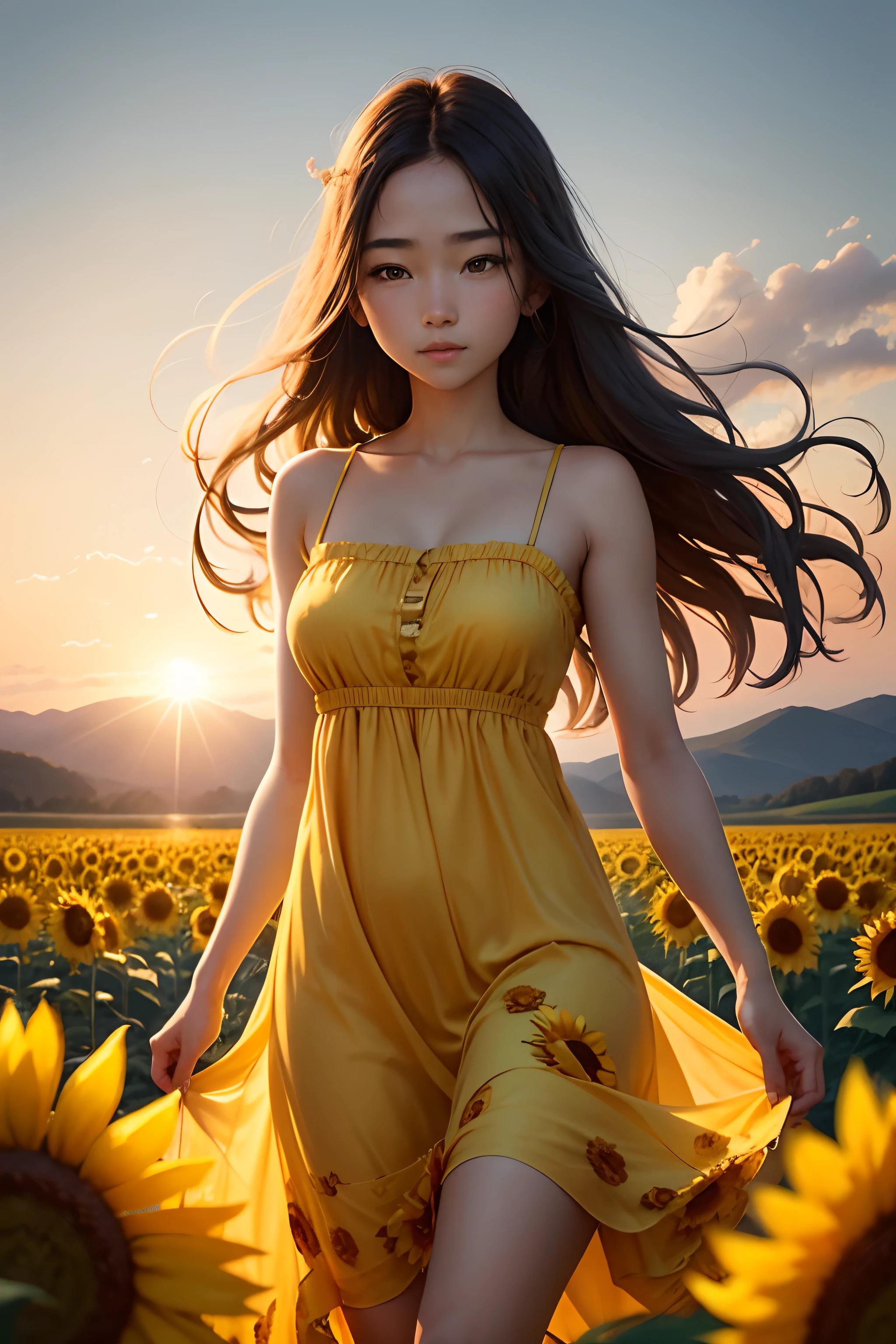 Picture a breathtaking scene of a beautiful girl standing in the midst of a vast sunflower field. The sun is gently setting on the horizon, casting a warm, golden glow over the field. The girl has a serene and contented expression as she reaches out to touch the sunflower petals. Her long hair dances in the breeze, and she's wearing a flowing, summery dress that matches the vibrant yellow of the sunflowers. The whole scene exudes peace and tranquility, making it a perfect moment of natural beauty and serenity.