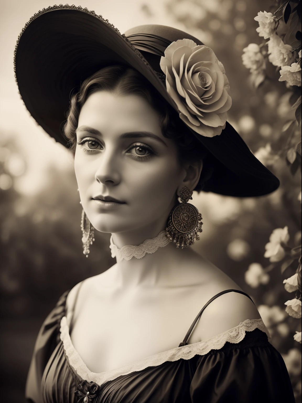 (Masterpiece) An insanely beautiful Victorian lady wearing a rich flowering over the top exaggerated hat, rich jewelry, big earrings, vintage sepia photography, outdoor photography, extremely inviting look, front look,  looking at the camera, very old and torned photo