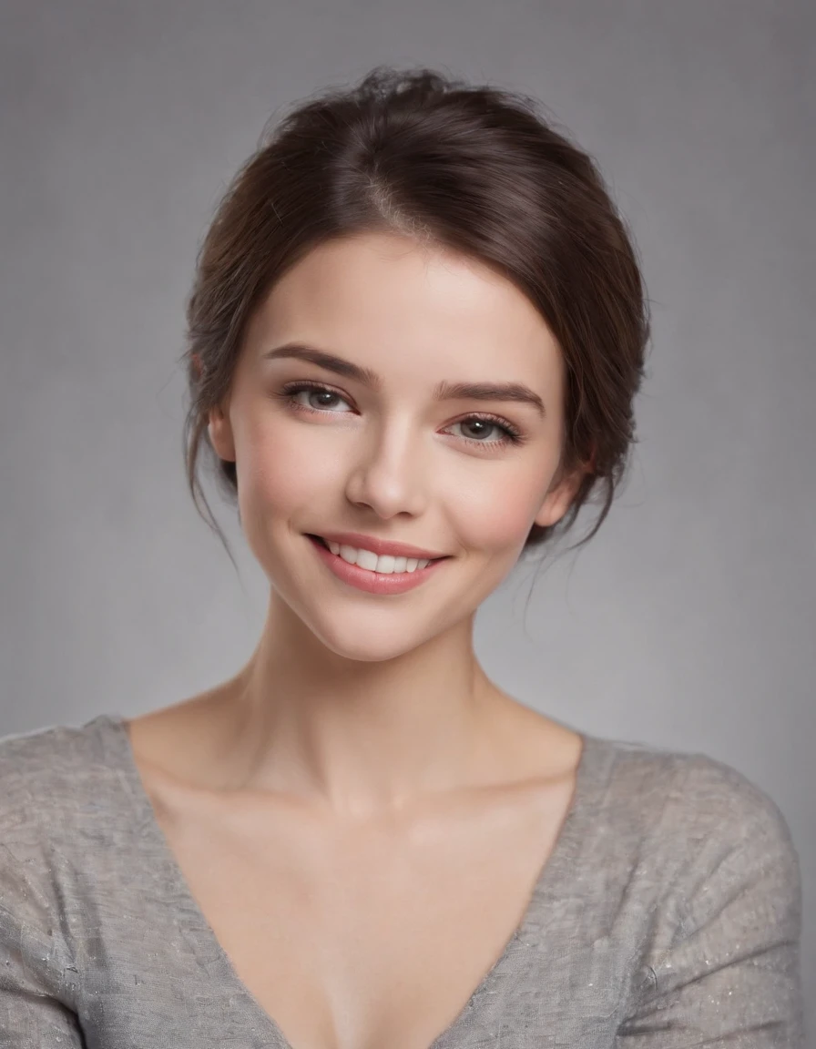 (photo: 1.3) af (realistic: 1.3), Caucasian woman, soft light, clear face, happy, cheerful, smiling, warm light, ((gray-white gradient background)), (background)). ((gray wall background)) avatar, (long or short hair), smile, handsome, young,, short hair, smile, ((close-up))