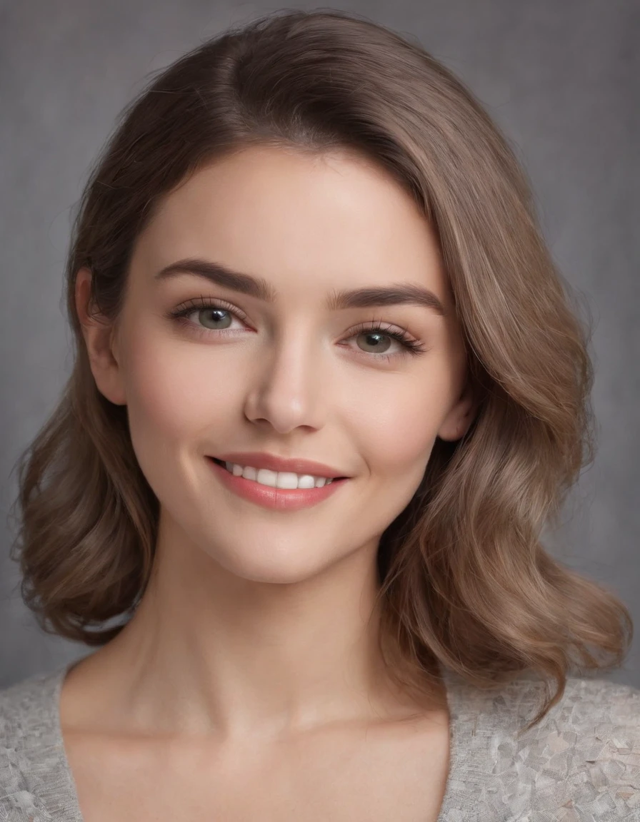 (photo: 1.3) af (realistic: 1.3), Caucasian woman, soft light, clear face, happy, cheerful, smiling, warm light, ((gray-white gradient background)), (background)). ((gray wall background)) avatar, (long or short hair), smile, handsome, young,, short hair, smile, ((close-up))
