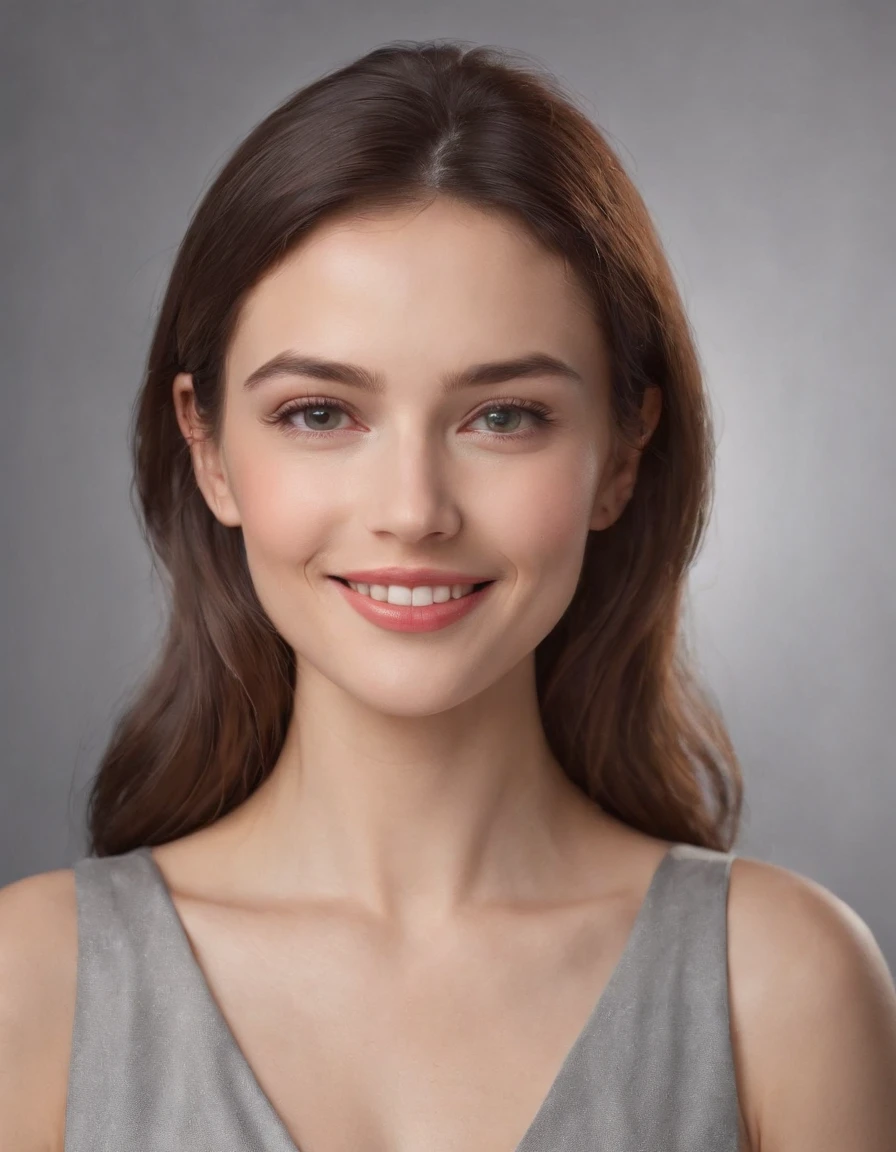 (photo: 1.3) af (realistic: 1.3), Caucasian woman, soft light, clear face, happy, cheerful, smiling, warm light, ((gray-white gradient background)), (background)). ((gray wall background)) avatar, (long or short hair), smile, handsome, young,, short hair, smile, ((close-up))