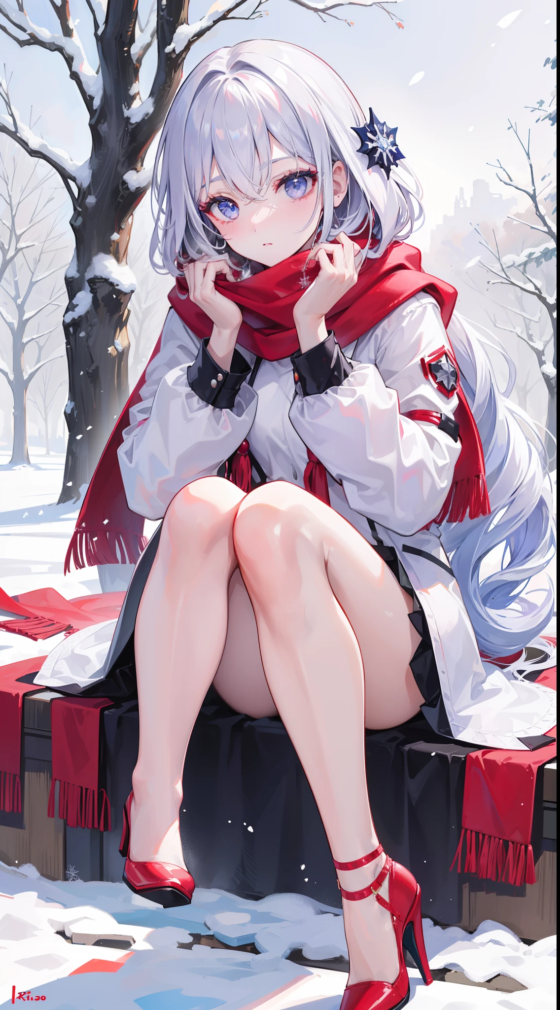 A peerless beauty，Beautiful facial features，putting makeup on，Blushlush，（cabelos preto e longos，White down jacket，Red scarf），high-heels，（Fuyuhime love song，plane trees，Snowflakes flying，White snow），Realiy，modern day，Portrait photo，Get close to the lens，depth of fields，