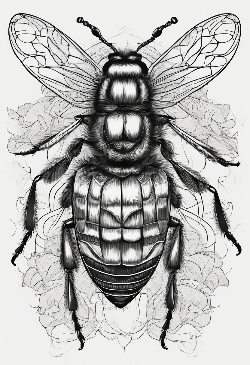 A bee，Hand drawn illustration，Line，Black and white color scheme，8K