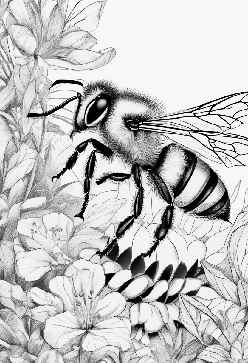 A bee，Hand drawn illustration，Line，Black and white color scheme，8K