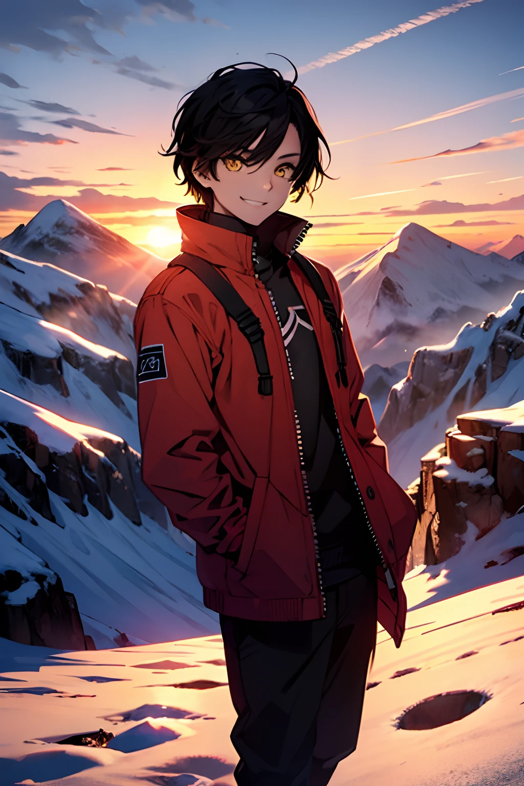 young boy, young adult, 18 years old, wearing a red  matelassê, black hair, mid haircut, yellow eyes, black pants, on a snowly place, montains, sunset, smiling, 4k