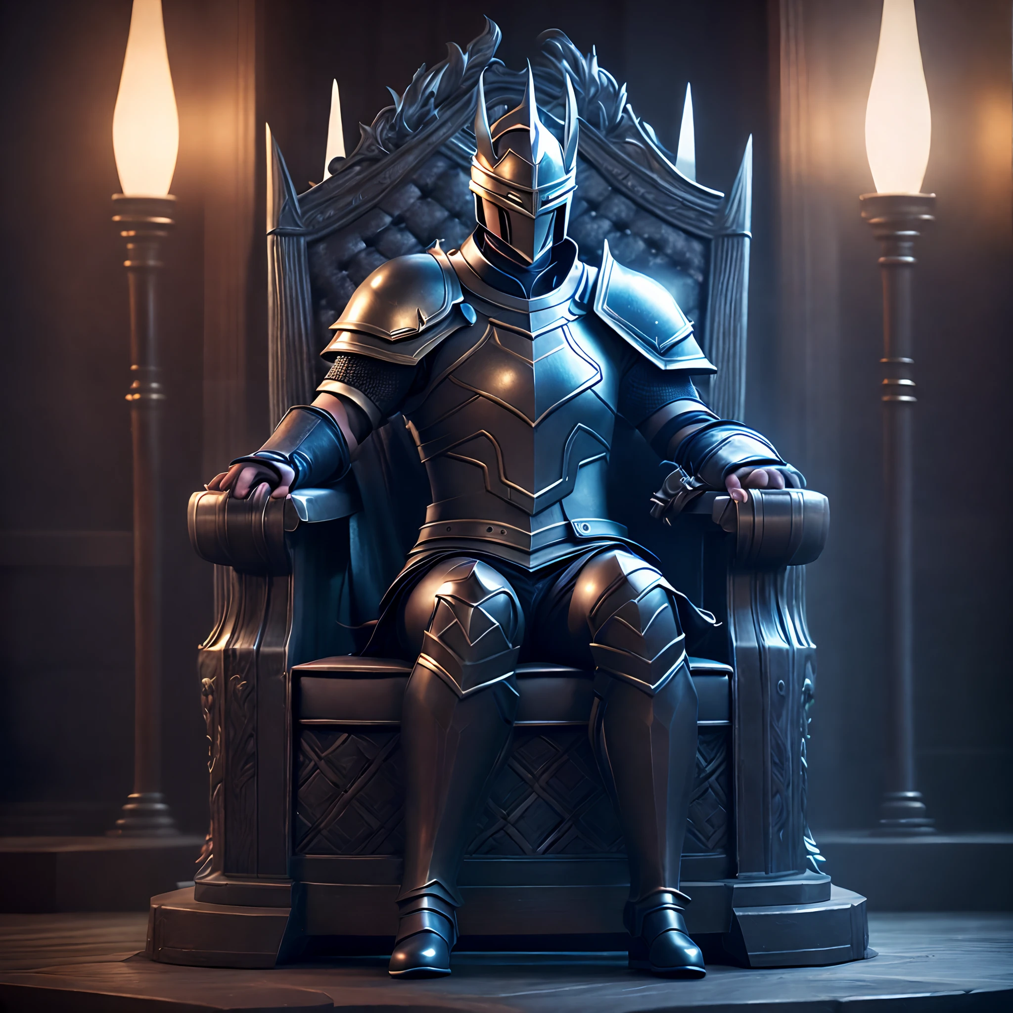 Un seul guerrier, Full whimsical armor from head to toe pekka, assis sur un throne, bras sur les bords du throne, Best quality, Kinematic lighting, Epic theme, fond noir et sombre, Une seule source lumineuse, 36k
