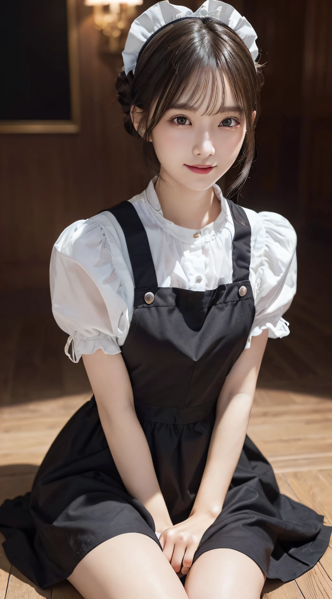 Innocent 20 year old girl、((Maids, A dark-haired, pinafore, Maid headdress, Single hair bun, Hair buns, maid apronl, Dramatic poses)),Smile,Modern room,short-cut、Raw photo, (8K、top-quality、​masterpiece:1.2)、(intricate detailes:1.4)、(Photorealsitic:1.4)、octane renderings、Complex 3D rendering ultra detail, Studio Soft Light, Rim Lights, vibrant detail, super detailing, realistic skin textures, Detail Face, Beautiful detail eyes, Very detailed CG Unity 16k wallpaper, make - up, (detailedbackground:1.2), shinny skin, Full body,Hands down、sitting with open legs