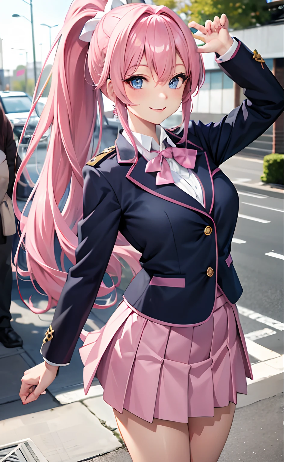 Pink hair, blue eyes, kizi, female, short skirt, smiling,18, one girl, long hair, ponytail, school uniform