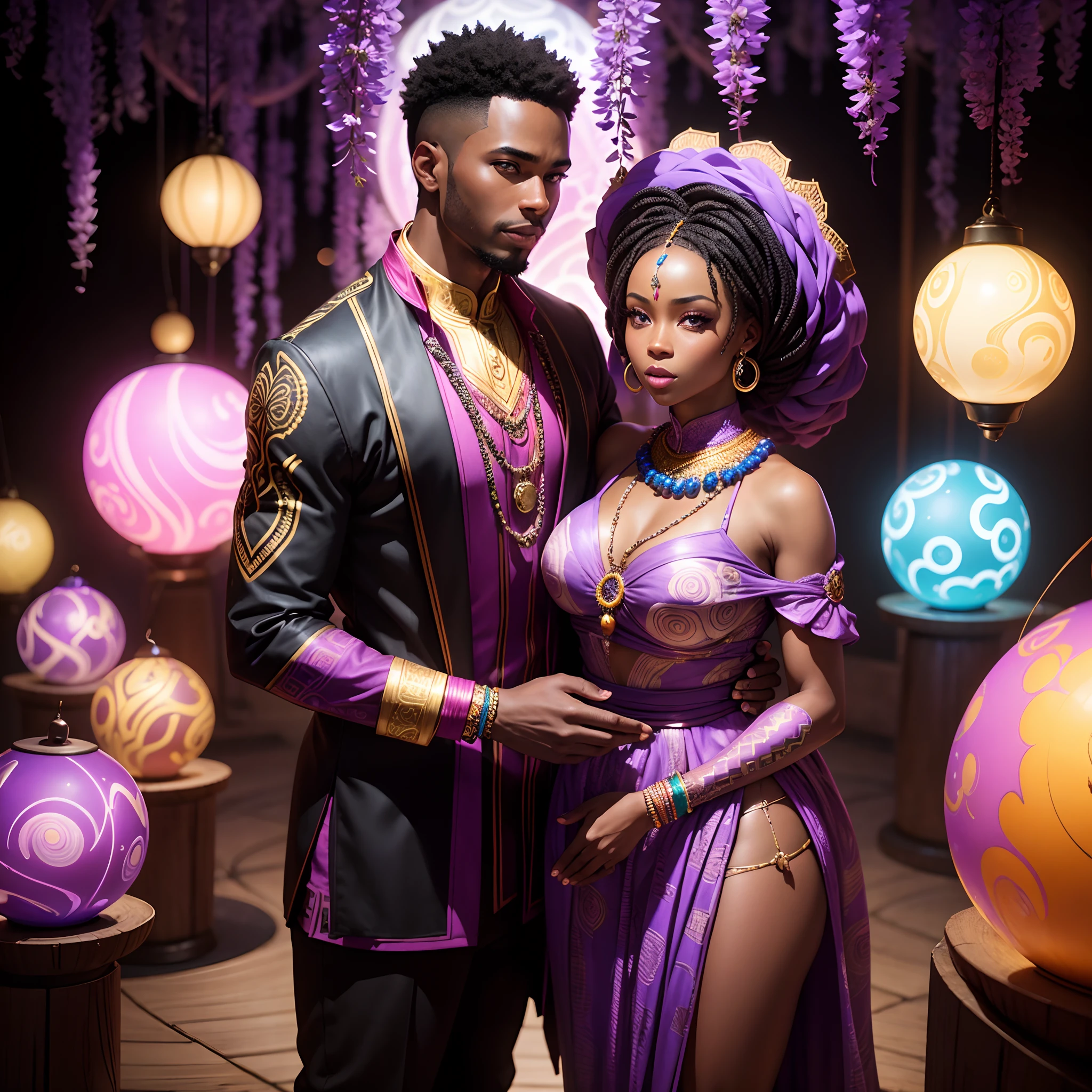 African traditional wedding of a Black man wedding a black woman, under a wisteria tree both wearing neon lit African designed clothes and neon lit African designed beads, standing on a reflective black surface surrounded by congregation sitting on glowing marble spheres on the surface, dark area with light shining from the glowing marble spheres, with iridescent light, hyper-realistic image, 32k, ultra HD, cinematic lighting, artgerm style, highly detailed images, vibrant and beautiful colours,
