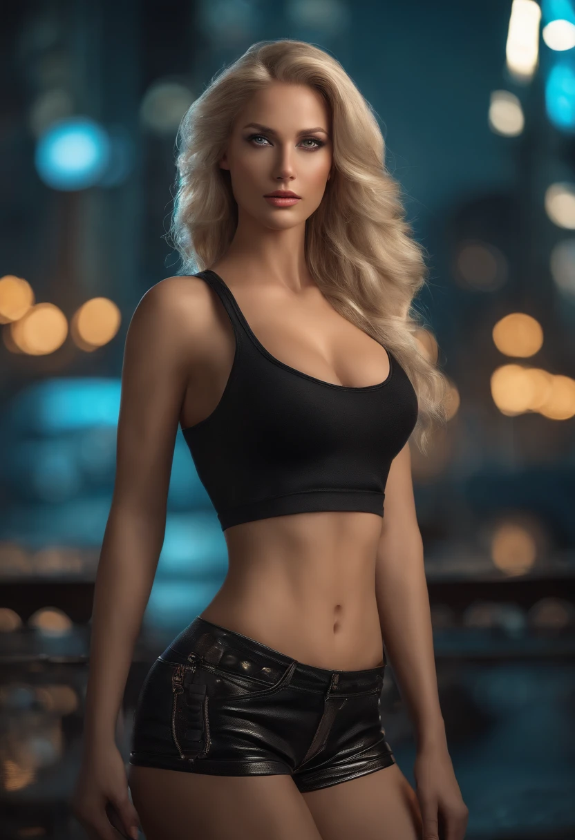 gorgeous woman with extra long wavy blonde hair, detailed alluring eyes, long sexy legs, wearing tiny shorts, t-shirt, ((detailed facial features)), (finely detailed skin), pale skin, realistic skin texture, extreme skin details, (pores:0.1), in the background beautiful futuristic cyberpunk city, best quality masterpiece, photorealistic, hyperrealistic, detailed, 8k, HDR, (Soft color: 1.2), shallow depth of field, broad light, high contrast, backlighting, bloom, light sparkles, chromatic aberration, sharp focus, RAW color photo
