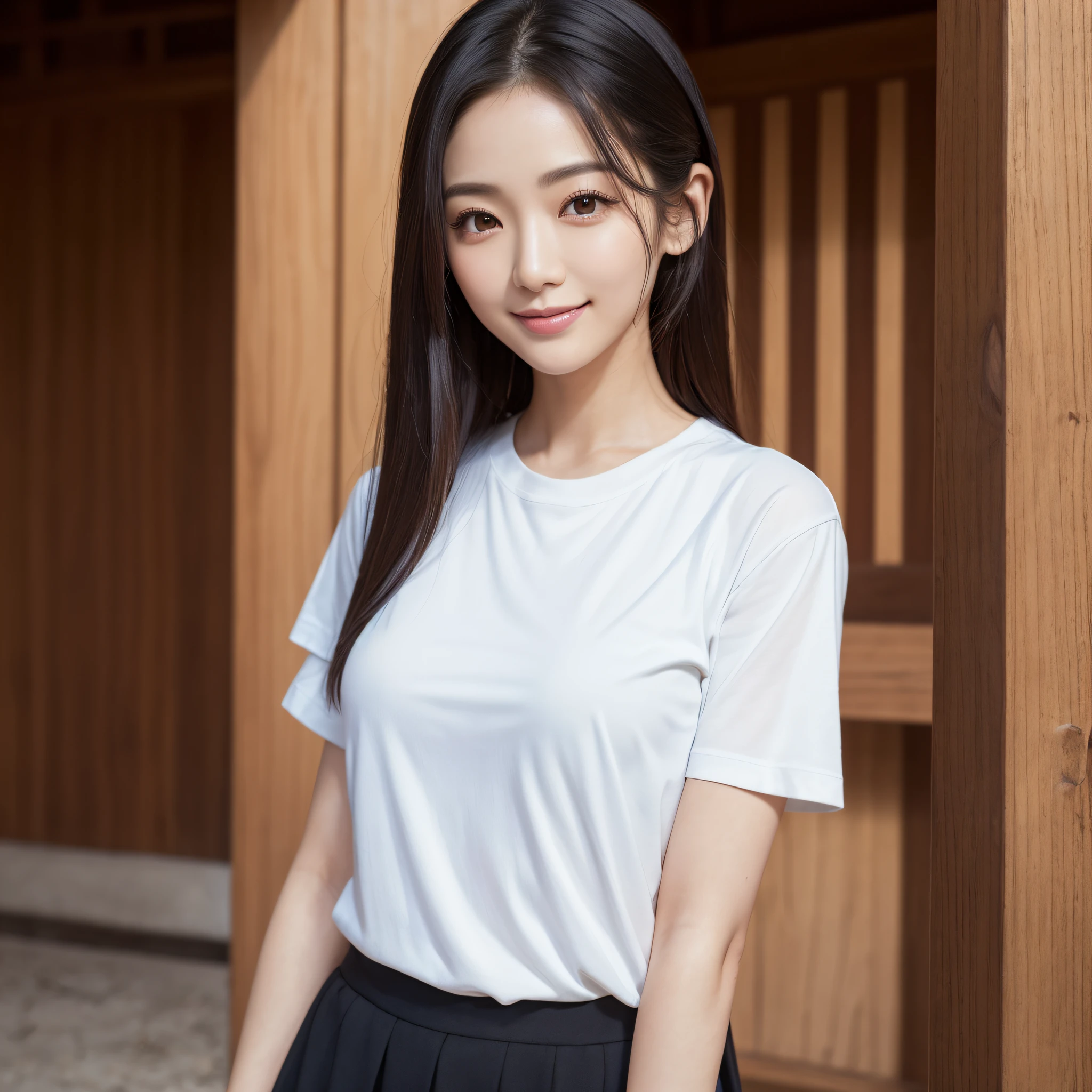 One lady、((best qualtiy、8k masterpieces:1.3))、foco nítido:1.2、(ultra beautiful faces:1.0)、(shinny skin:1.0)、photos realistic、A dark-haired、Video Lighting、High-definition eyes and face、Video Lighting、Japan actress with Korean-style makeup、from the front side、medium breasts、(ssmile:1.4)、Slender Abs Beauty、Whole body、wearing t-shirts、In the temple grounds
