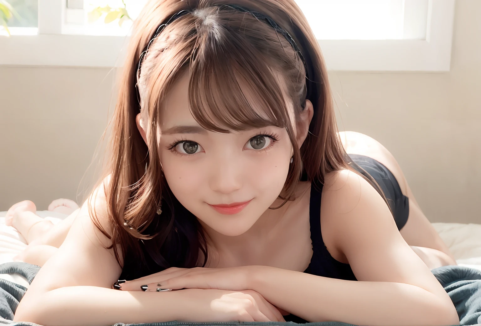 (Realistic:1.3), Finely detailed, quality, Rembrandt lighting, (masutepiece:1.2), (Photorealistic:1.2), (Best Quality), (Detailed skin:1.3), (Intricate details), Dramatic, Ray tracing, 1girl in, japanaese girl, big eye、Smiling, twin-tail hair, Twin Loop Hair, Parted bangs, Sleeping in bed, large full breasts, perfect glossy skin,flawless skin,((accurate hands without incongruity)), large full breasts,big breasts thin waist, Look at viewers,Enhanced dynamic perspective,Cute cute 21 year old beautiful girl,((s Pajamas))、Look at me and smile,simple backgound,Works of masters,high quarity,4K resolution,super-fine,acurate,Cinematic lighting,Woman leaving original facial proportions,Lying on your back on the bed,selfee