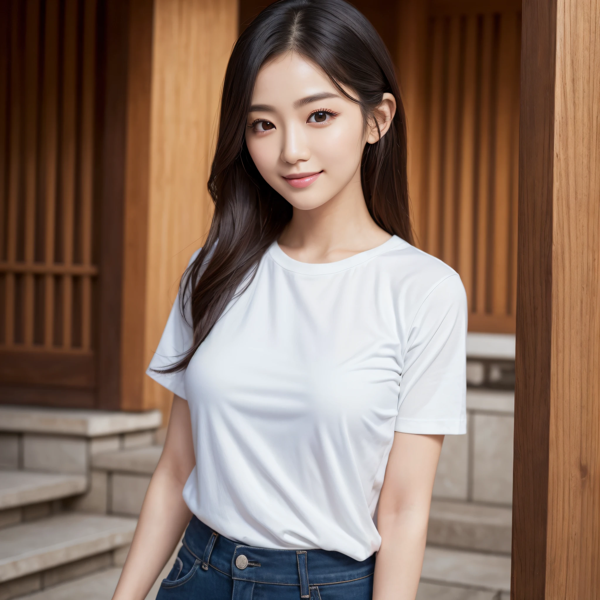 of the highest quality, One beautiful woman, Thigh-length plain white T-shirt、Clean feet、espadrilles、35mm lens, F/1, Cowboy Shot, flat chest、half smile