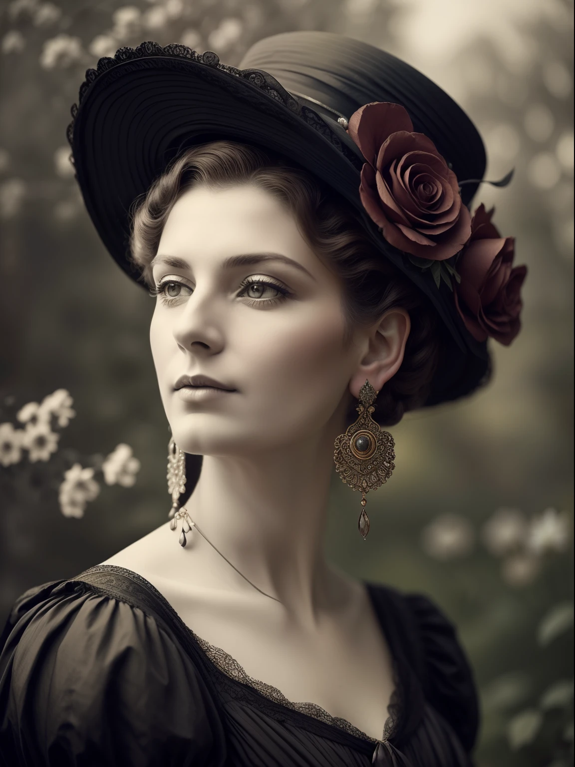 (Masterpiece) An insanely beautiful Victorian lady wearing a rich flowering over the top exaggerated hat, rich jewelry, big earrings, vintage sepia photography, outdoor photography, extremely inviting look, front look,  looking at the camera, very old and torned photo